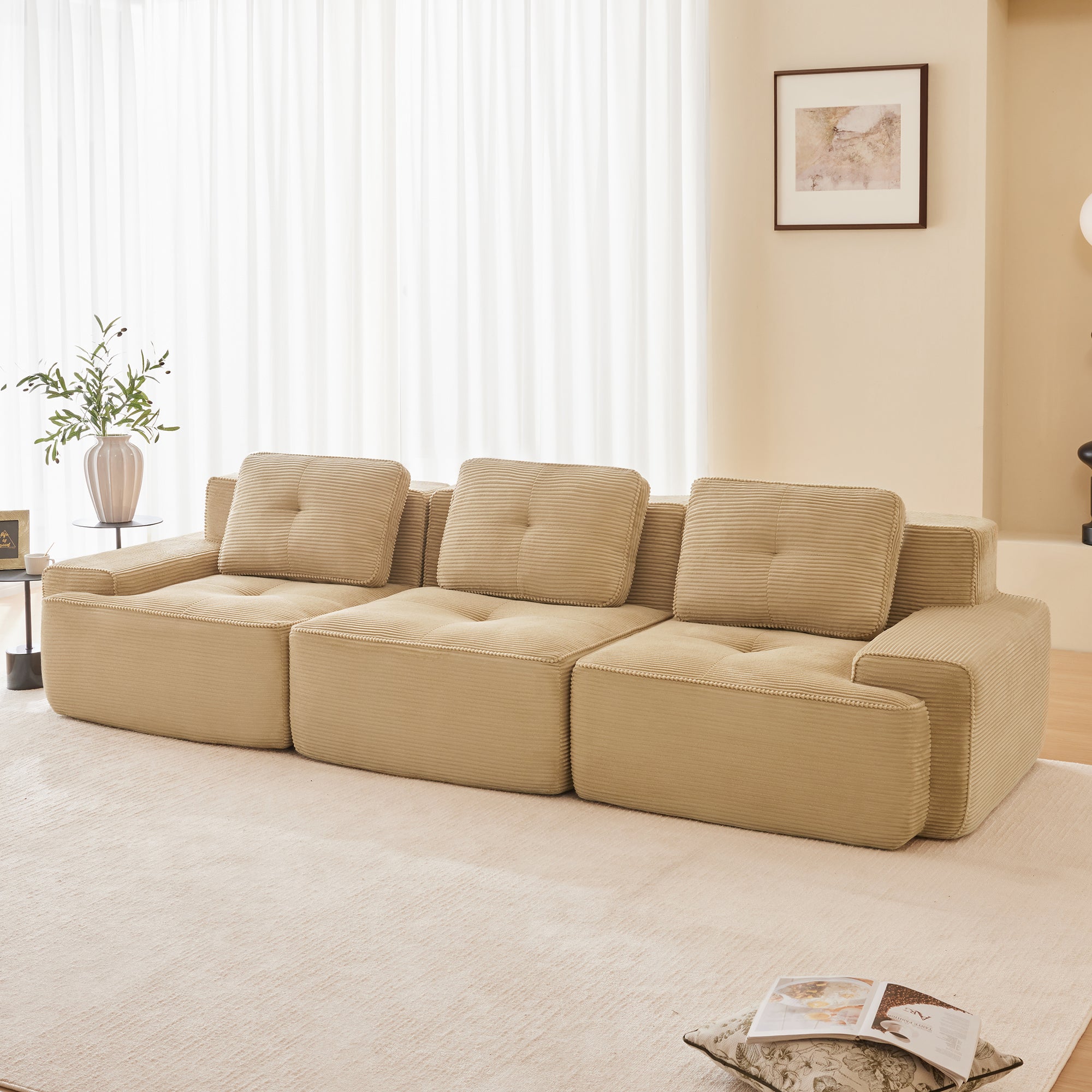 Racine 117" Modular Corduroy Fabric 3-Seater Sofa with Pillows