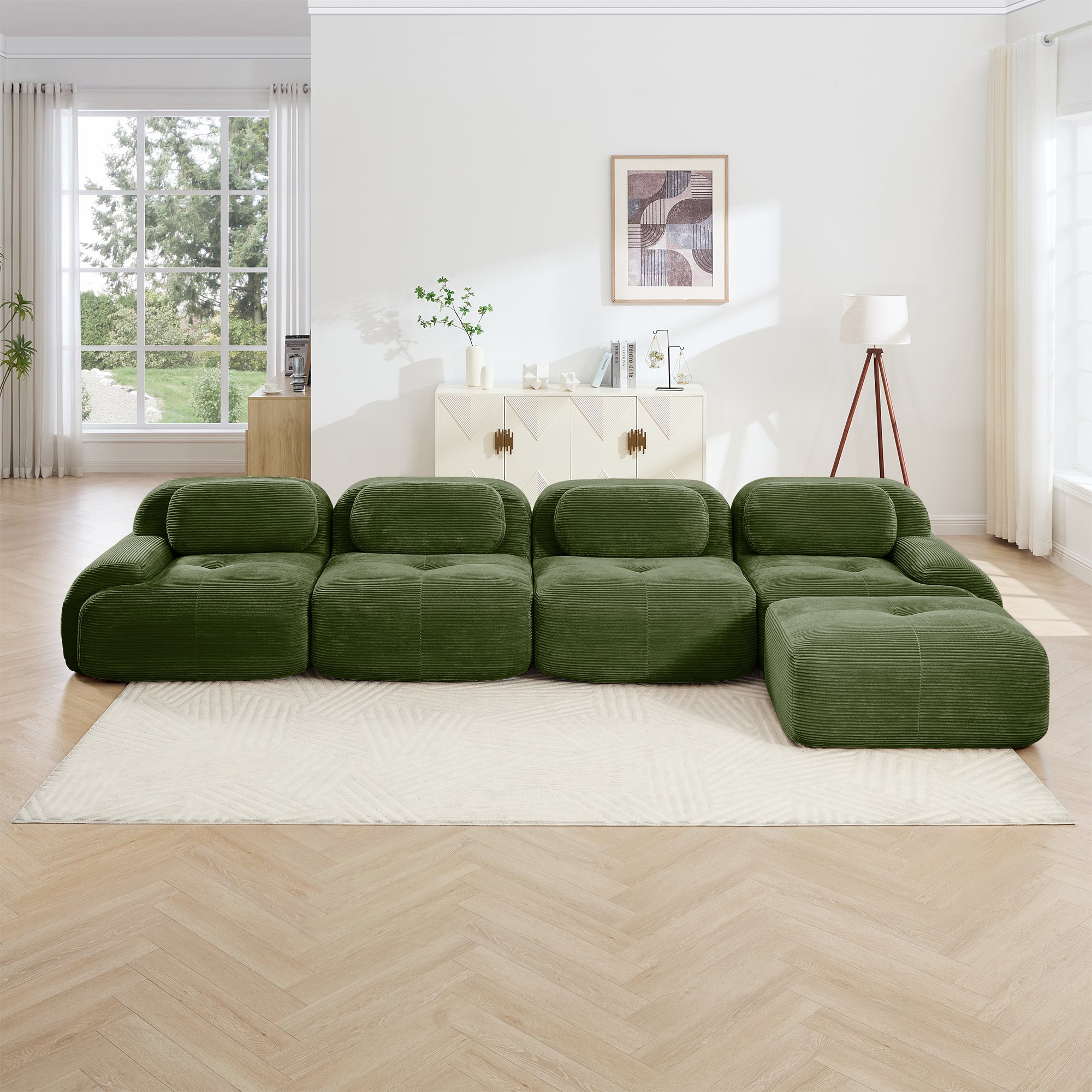 Anchorage 152" Modular Corduroy Cloud L-Shaped Sectional Sofa with Ottoman