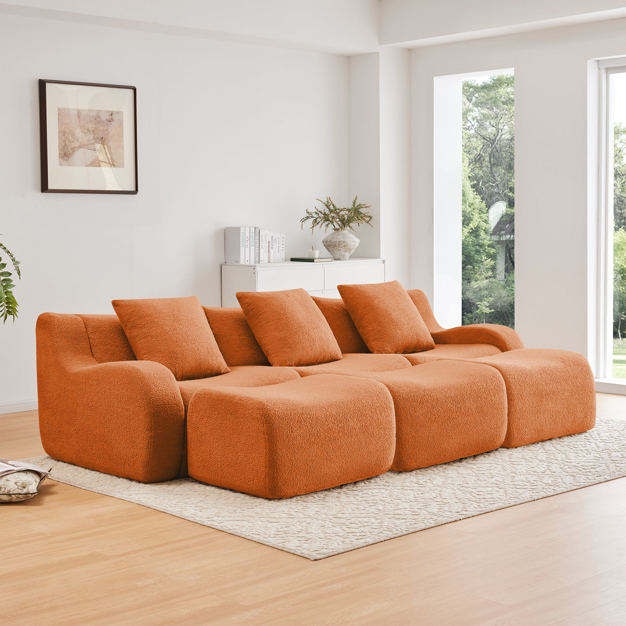 Chico 115" Modular Teddy Fabric 3-Seater Sofa with3 Ottomans