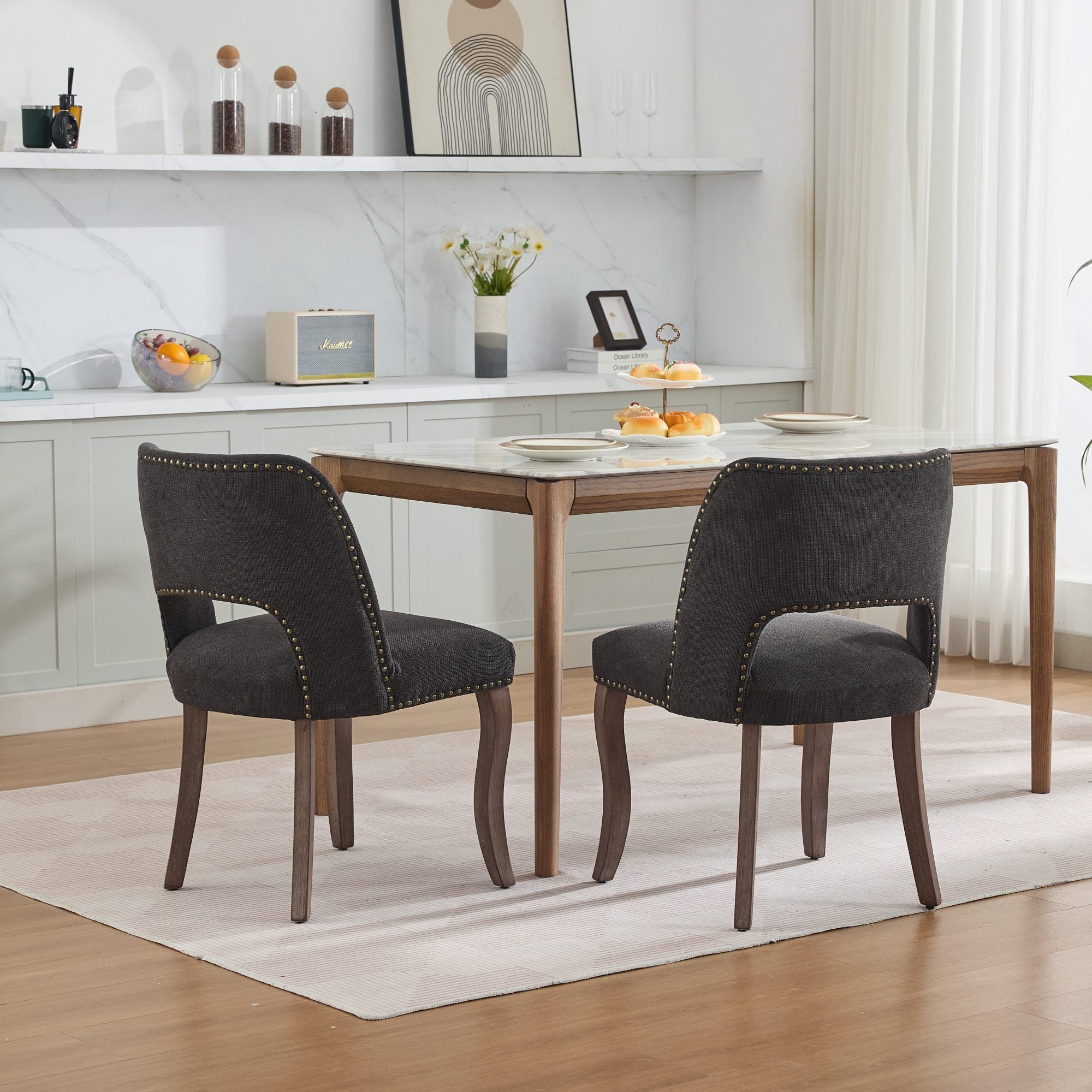 Tiberis Modern Fabric Upholstered Dining Chair Set of 2 Wood Frame