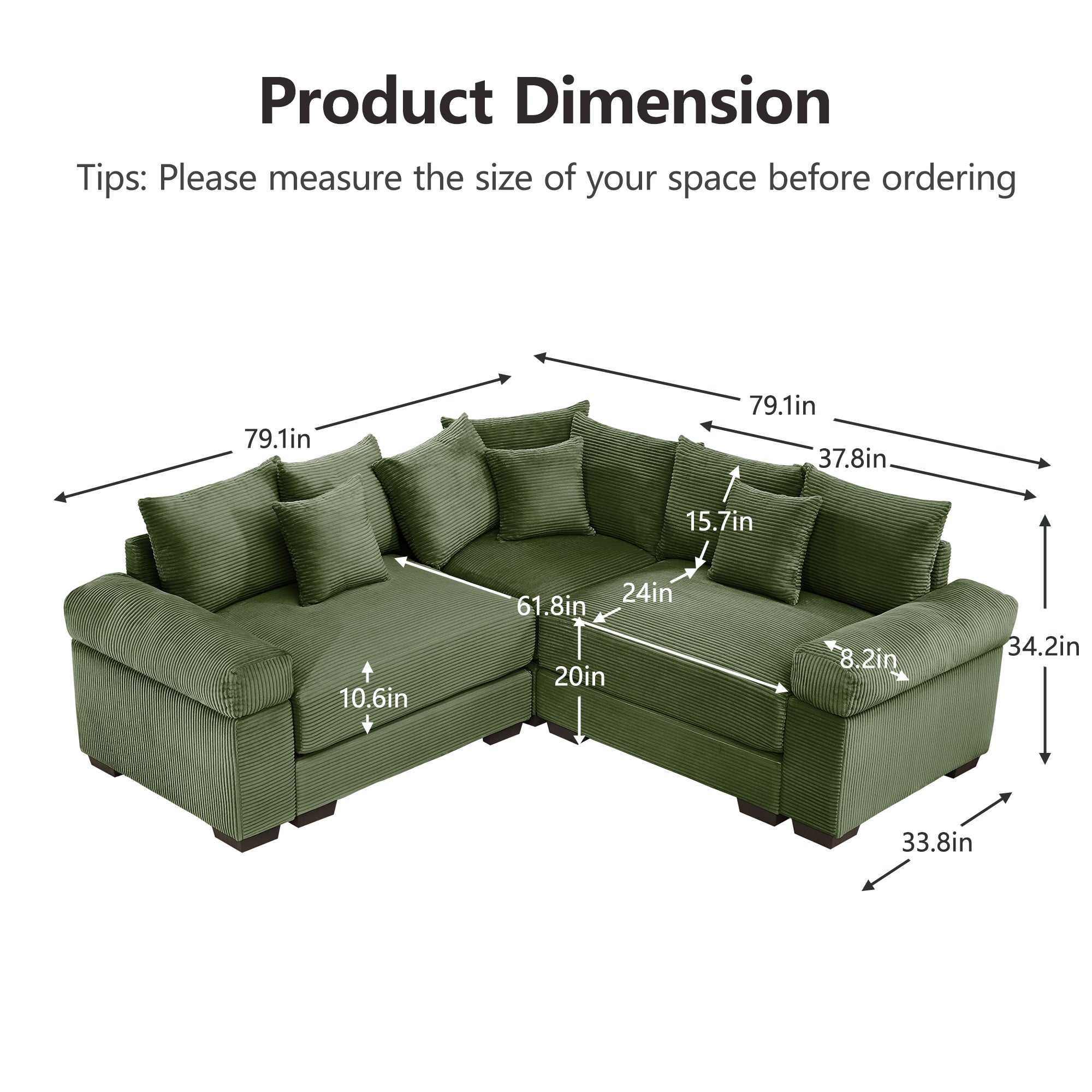 Albany 79" 3 Pieces Corduroy Modular Corner Sectional Sofa