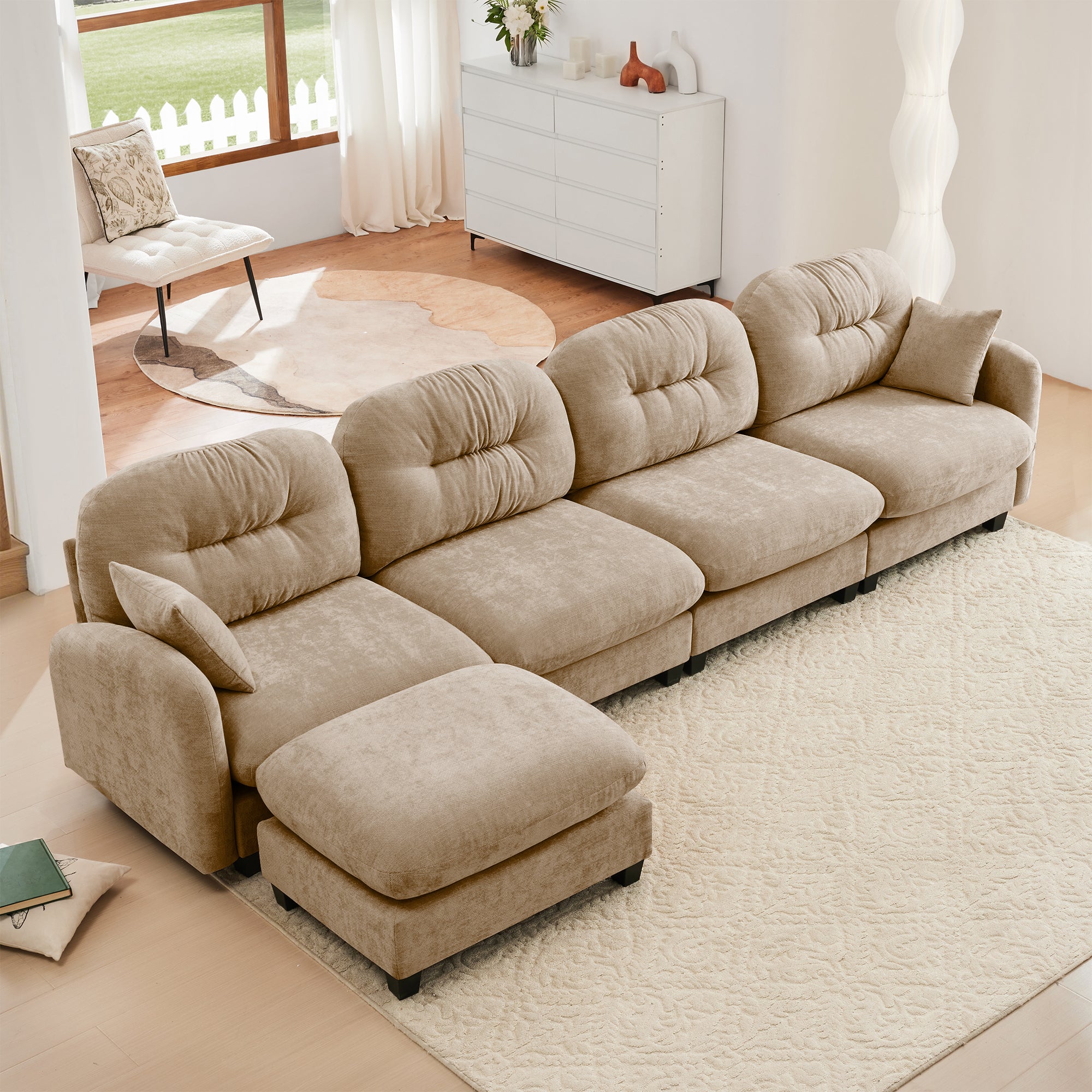 Roselyn 140" Modular Chenille Cloud L-Shaped Sectional Sofa with Ottoman and Tufted Cushion Backrest