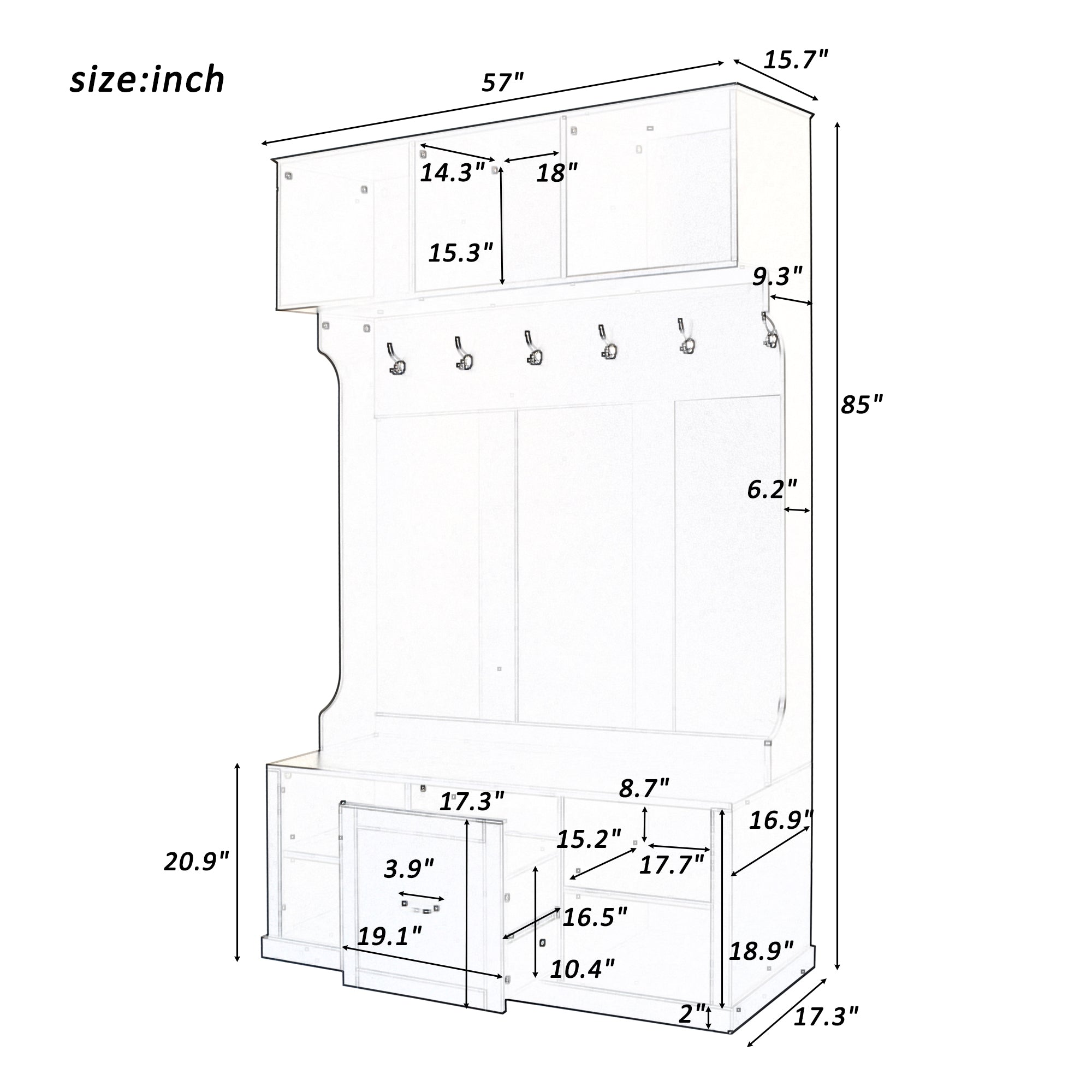 ATLAS 57" Modern Wood 3-in-1 Hall Tree Bench with Drawer and 6 Hooks