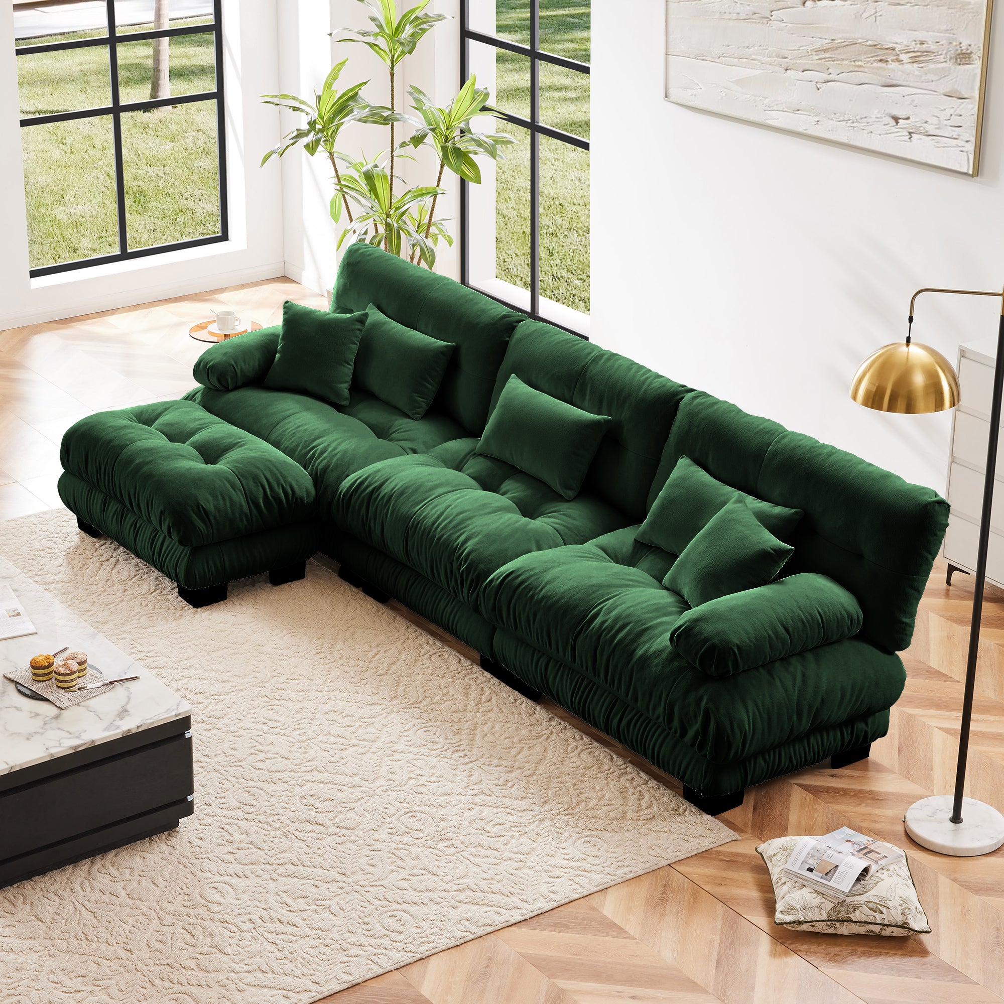 Monterey 134" Modular Chenille Cloud L-Shaped Sectional Sofa with Convertible Ottoman