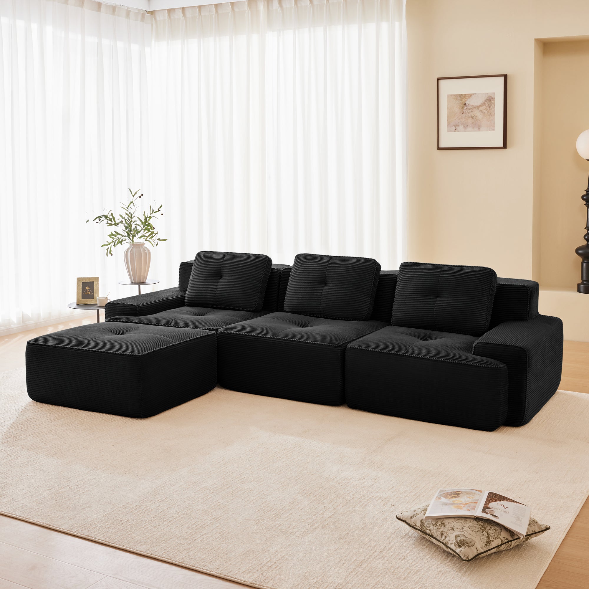 Racine 117" Modular Corduroy Fabric L-Shaped Sectional Sofa with Movable Ottoman
