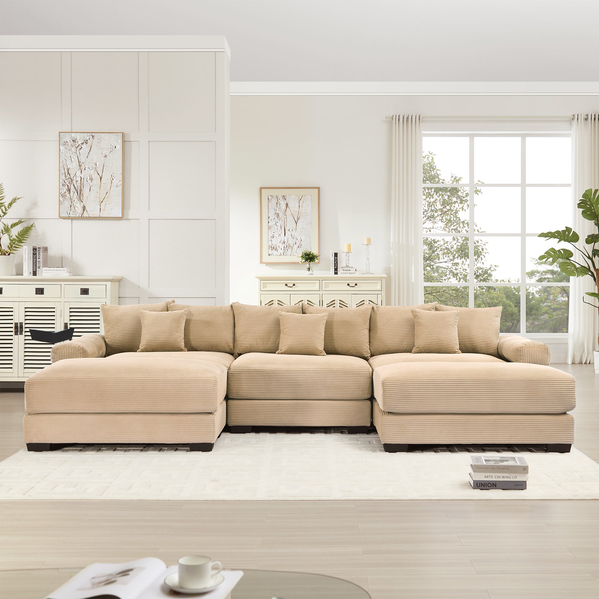 Albany 130" Modular Corduroy Cloud U-Shaped Sectional Sofa with Ottomans