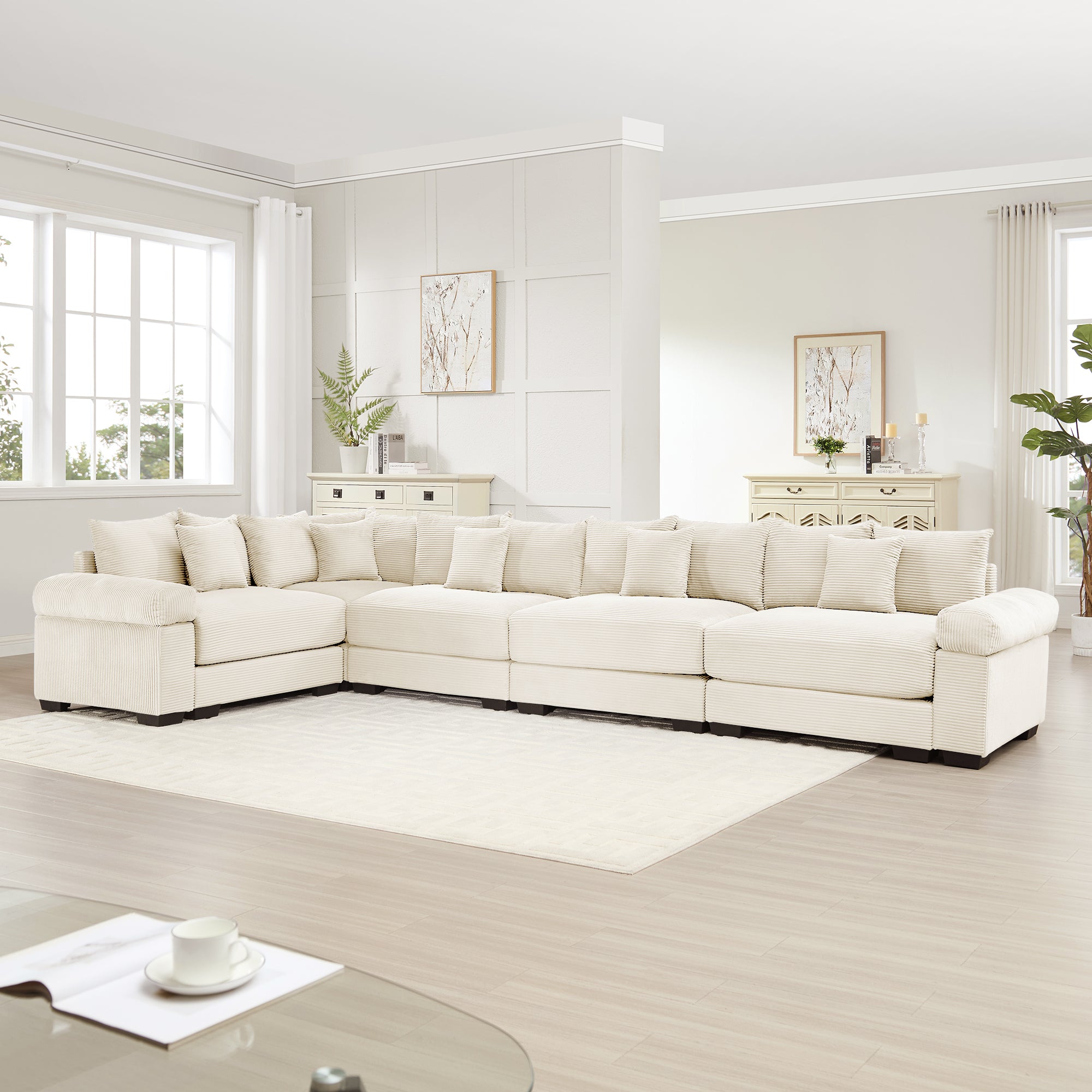 Albany 155" Modular Corduroy Oversized Cloud L-Shaped Sectional Sofa with Ottoman