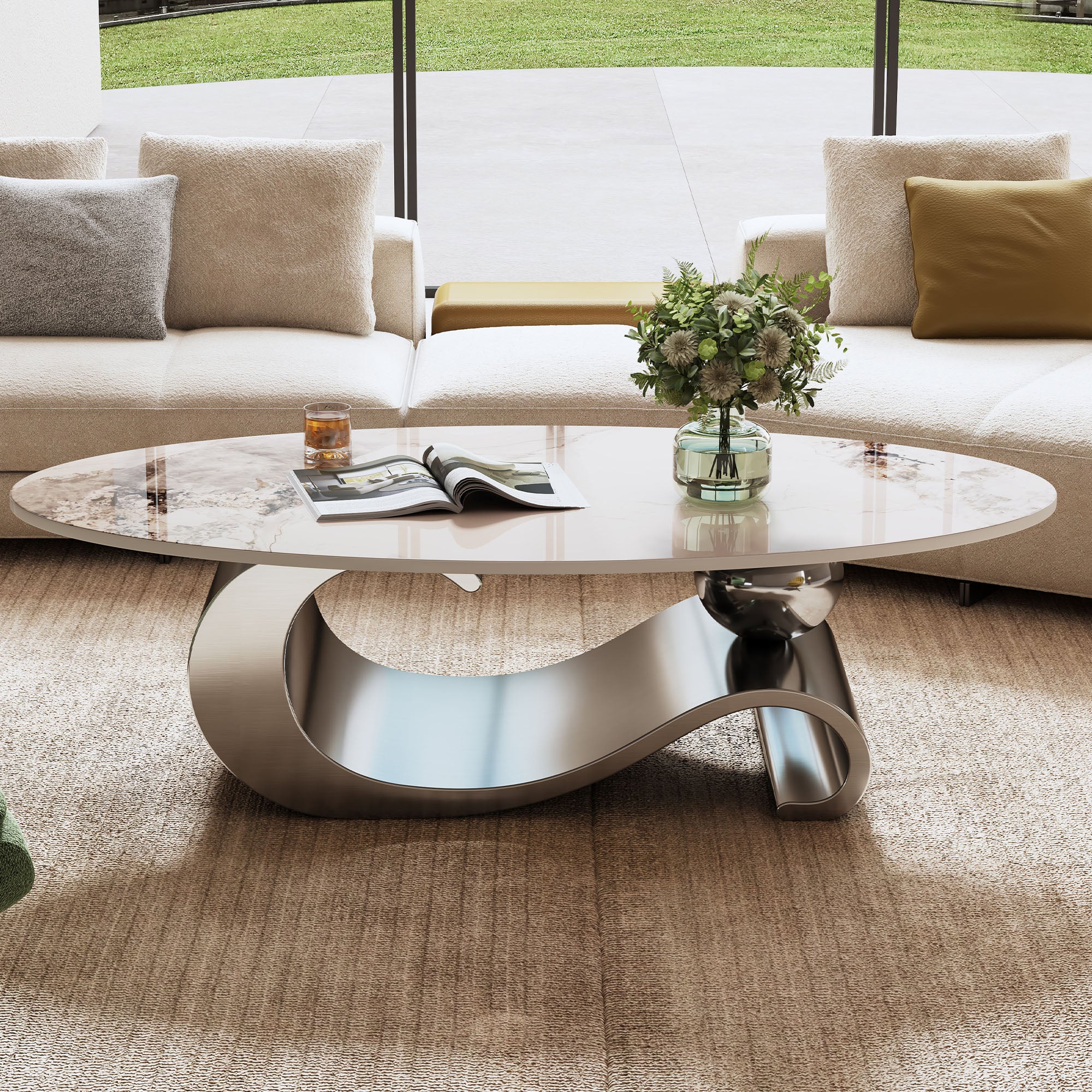 Varese 49" Modern Oval Coffee Table with Marble Top and Sculptural Gold Base