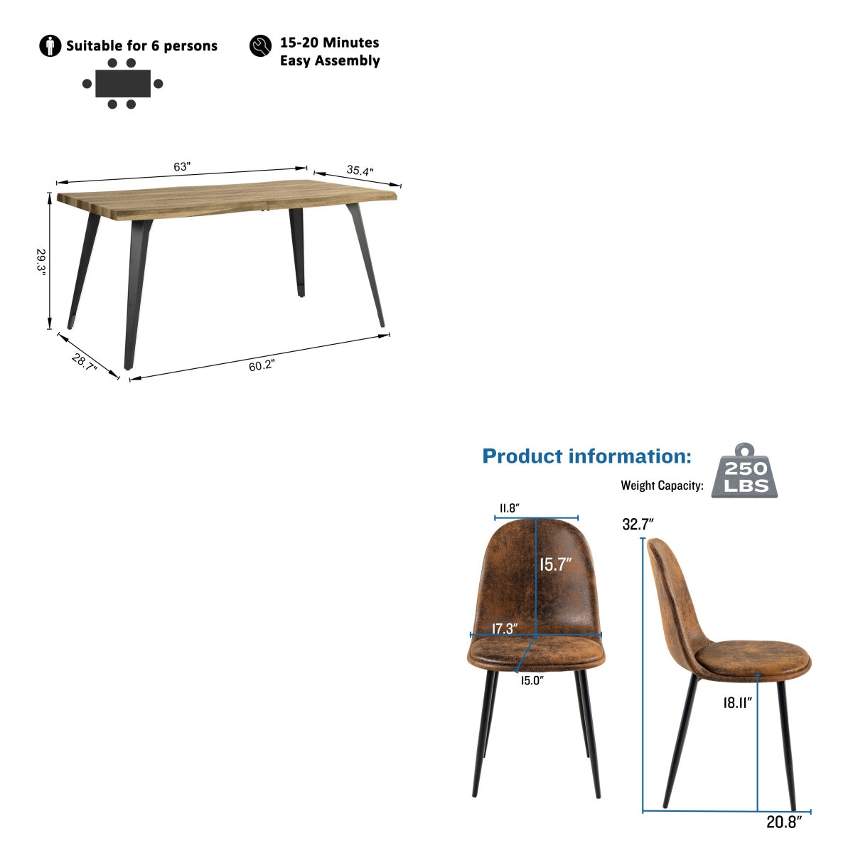 Homy Casa Lancelot 5PC Dining Set 63” Walnut Table with 4 Sunflower Upholstered Chairs,Brown