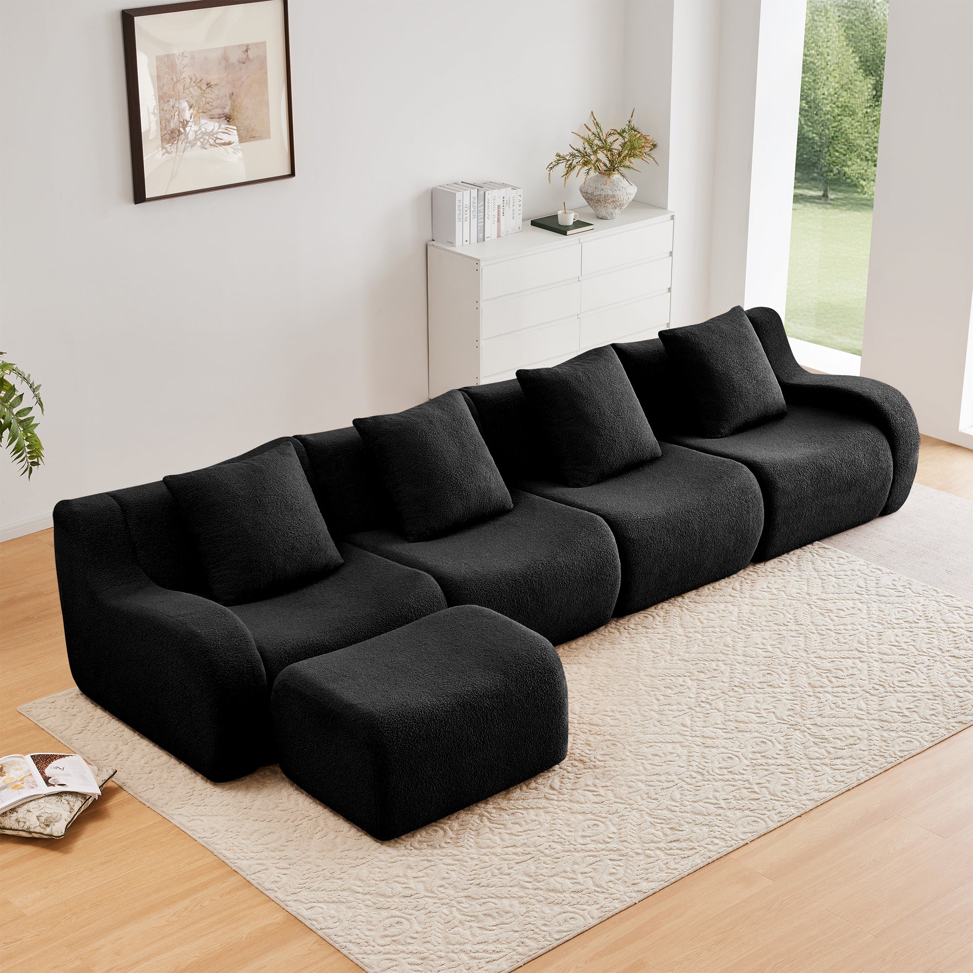 Chico 148" Modular Teddy Fabric L-Shaped Sectional Sofa with Curved Armrests and Ottoman