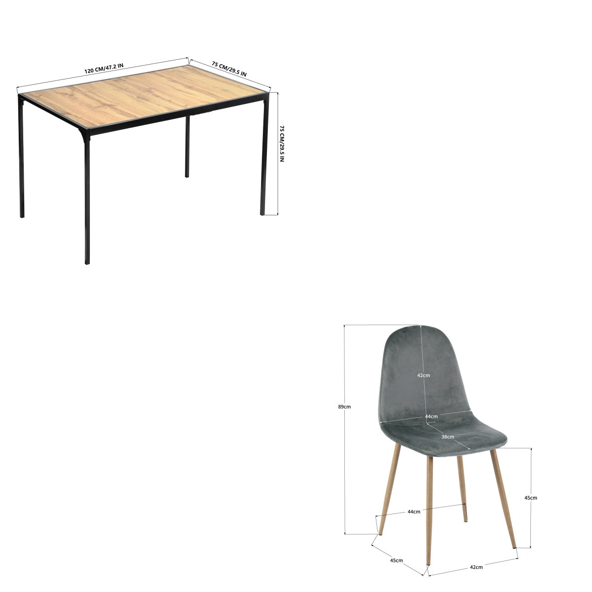 Homy Casa Milliken 5 Piece Dining Table Set 47“ Oak Table with 4 Charlton Velvet Grey Upholstered Chairs