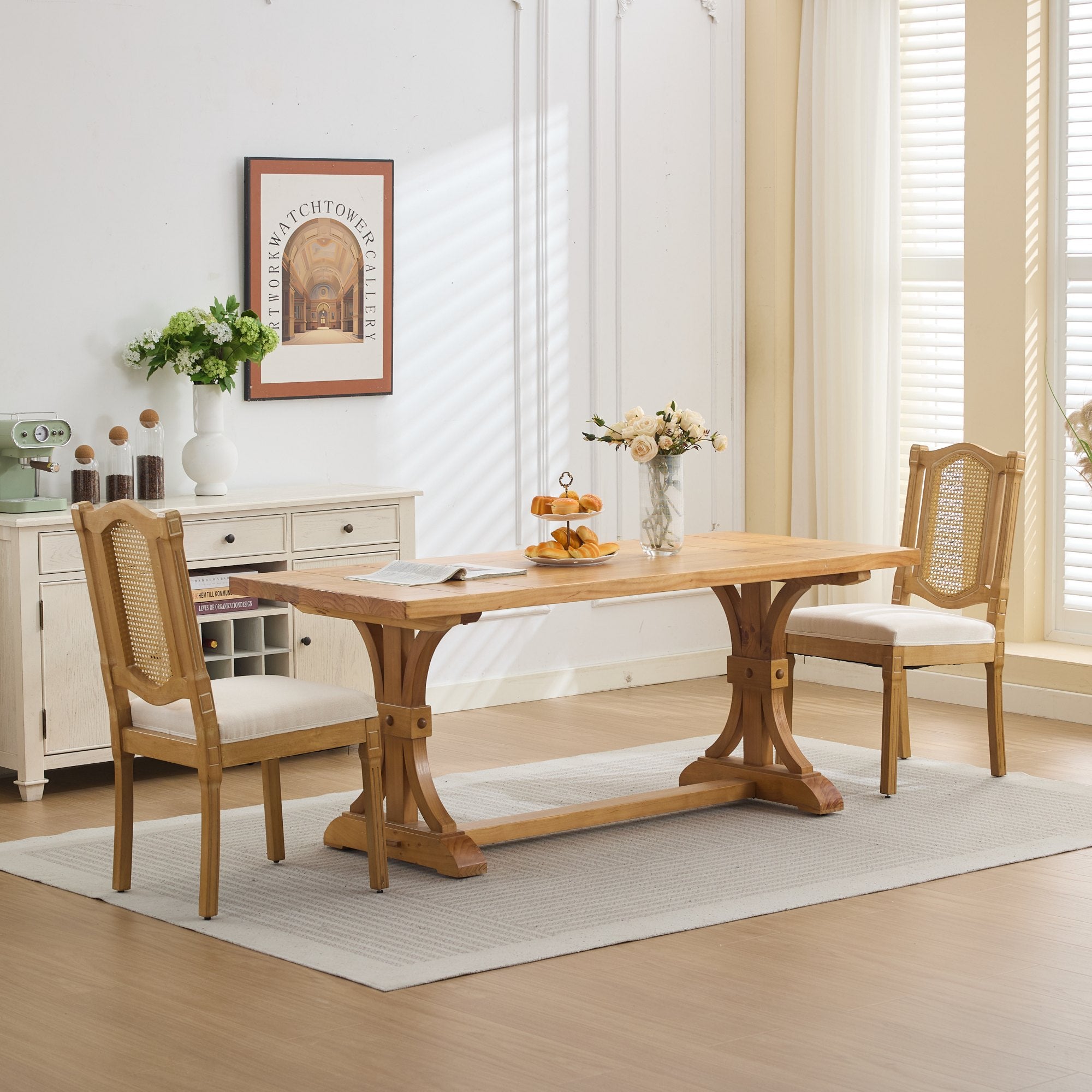 Shannon Solid Wood Rattan-Back Dining Chair Set of 2 with Beige Linen Cushion