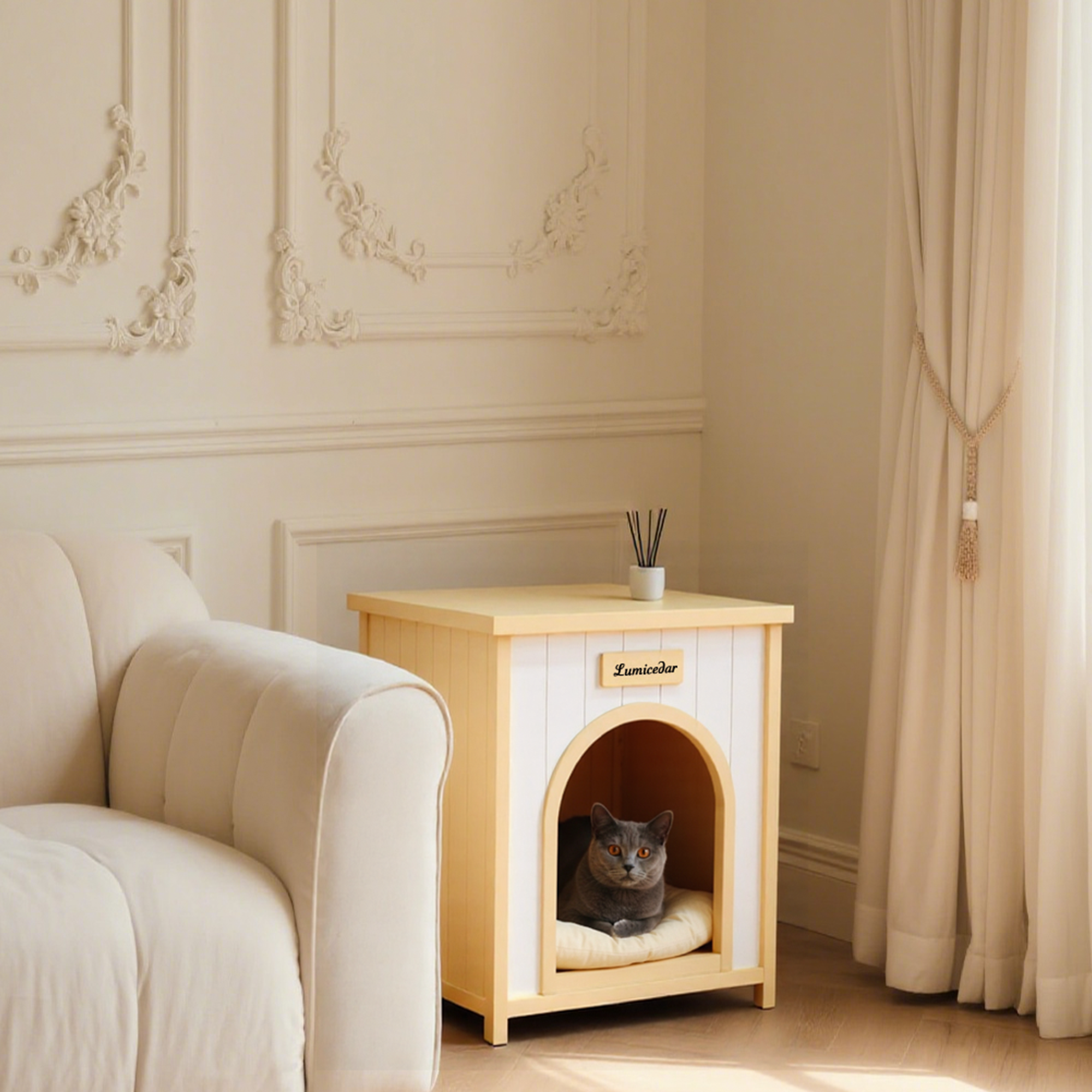 Homy Casa 21" x 20" x 24" Flat Roof Indoor Pet House for Small Cats & Dogs, FSC Solid Wood, Cream Yellow