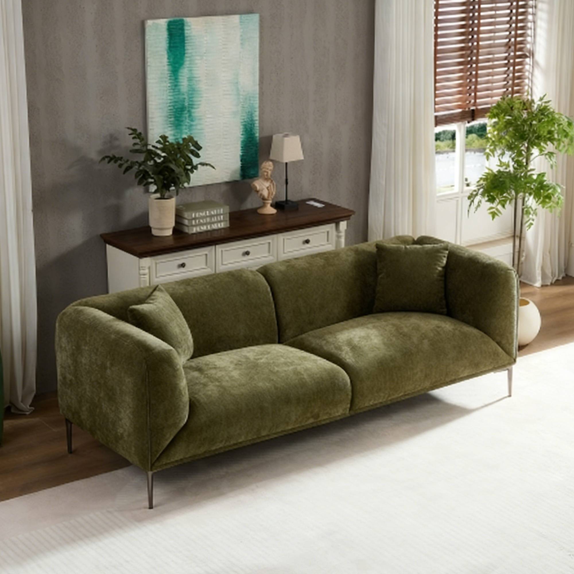 1-Pack Green Modern Sofa, 3-Seater Curved Couch for Living Room, Boucle Fabric, High-Density Foam, Sturdy Wood Frame, Multipurpose Space-Saving Furniture, Easy Assembly, Comfortable Seating