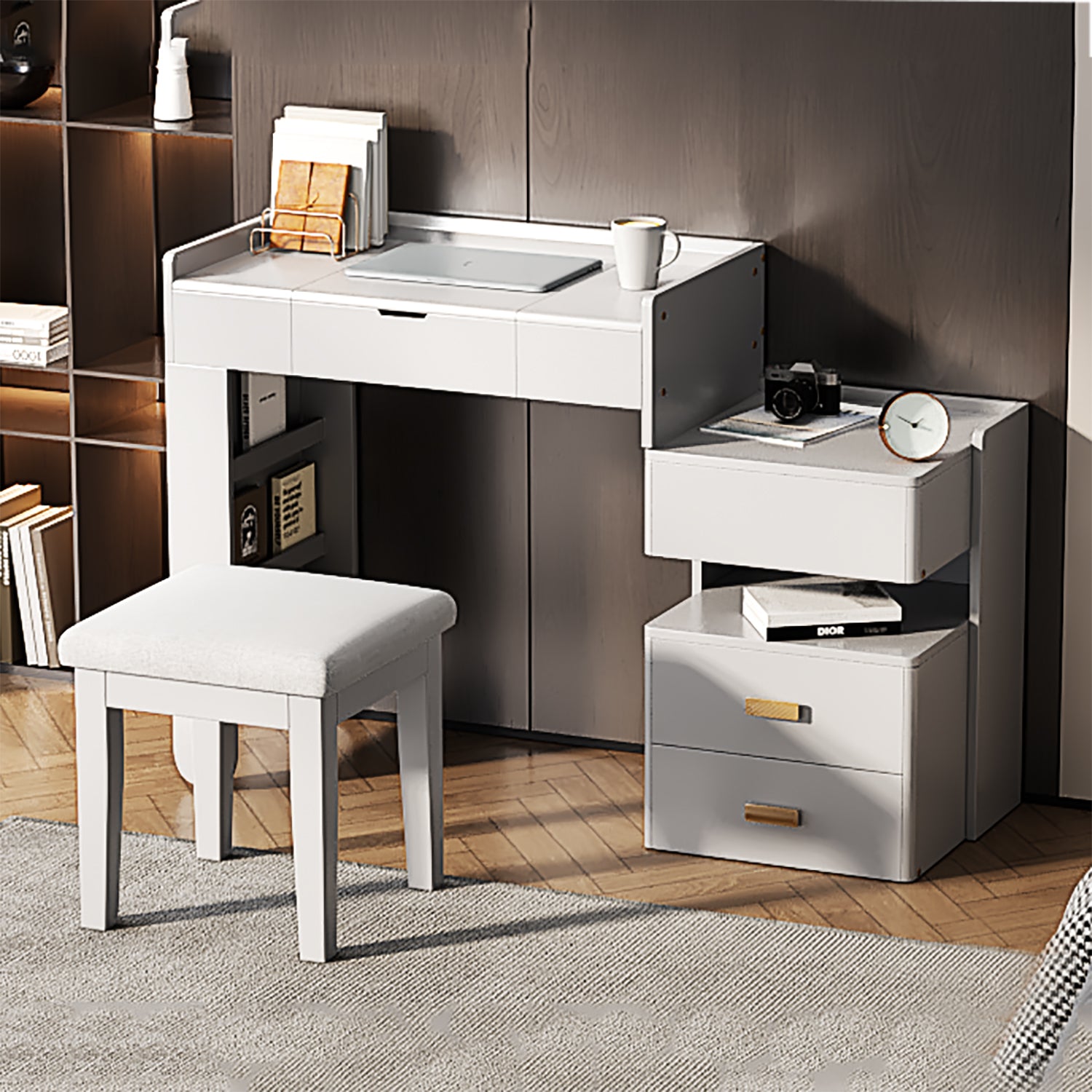 Aurorae Modular Makeup Vanity Desk Set with Flip-Top Mirror and Ample Drawer Storage