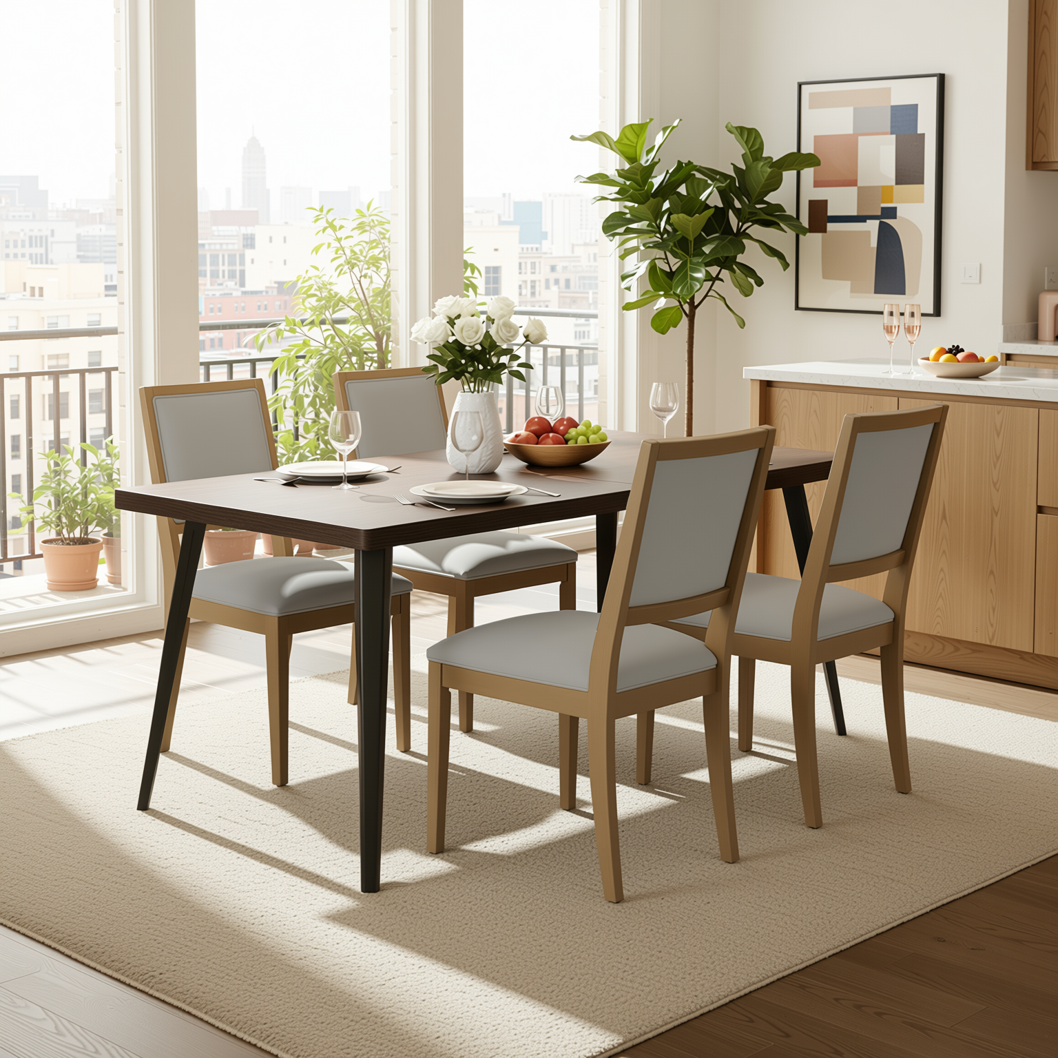 Homy Casa Stan 5PC Dining Set 63” Brown Table with 4 Siget Upholstered Solid Wood Chairs