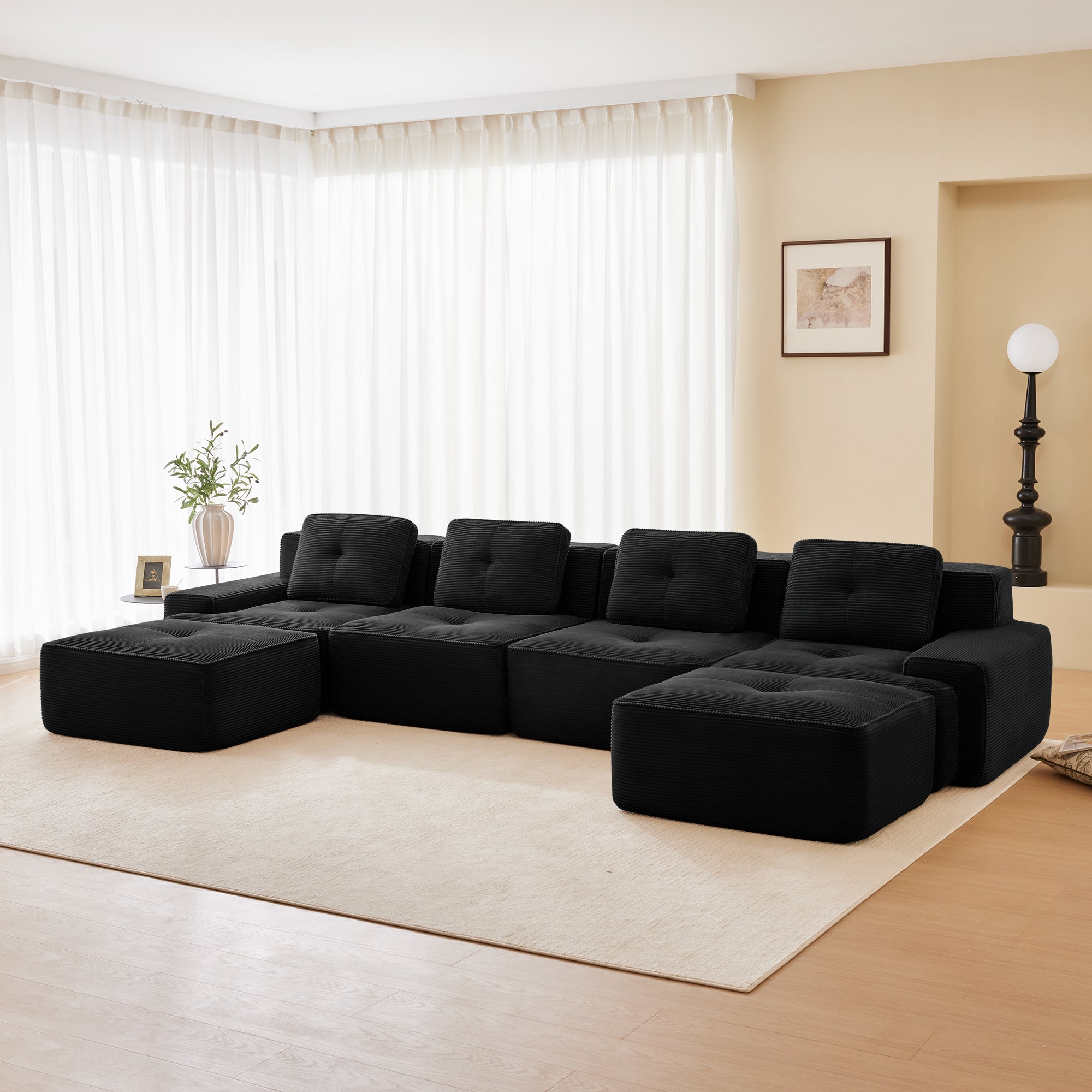 Racine 153" Modular Corduroy Fabric U-Shaped Sectional Sofa with Deep Seat and 2 Movable Ottomans