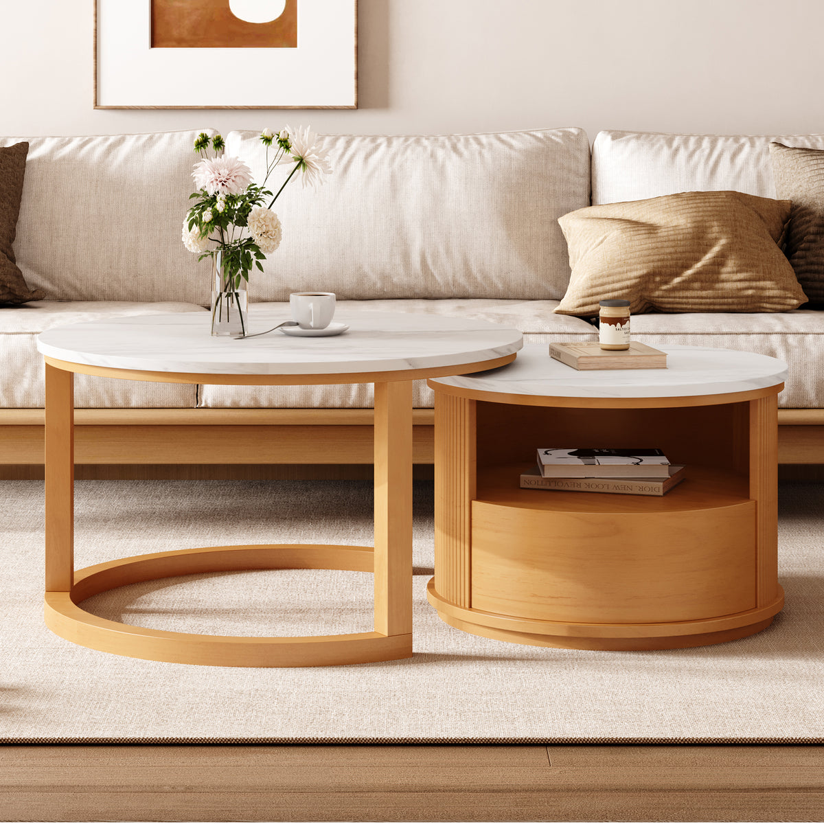 Imola 29" Marble Veneer Round Nesting Coffee Table Set with Storage Drawer