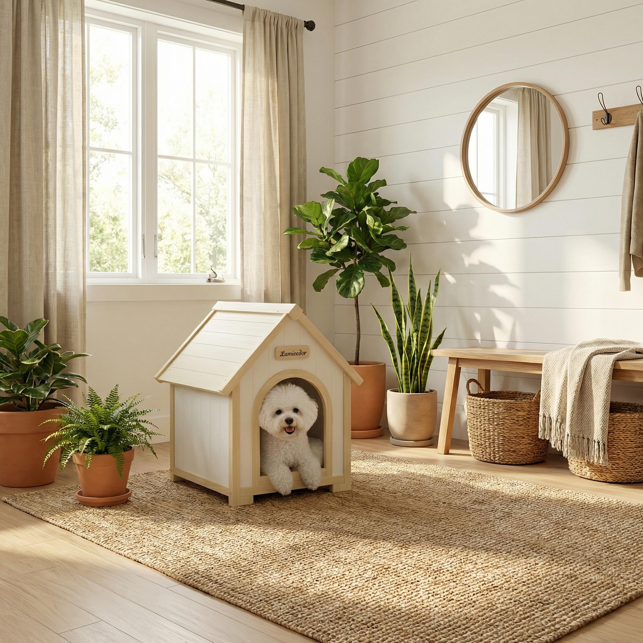 Homy Casa FSC Solid Cedar Pet House, 23.6" x 21.7" x 27.6", Indoor Cabin Shelter for Small Dogs & Cats, Cream Yellow