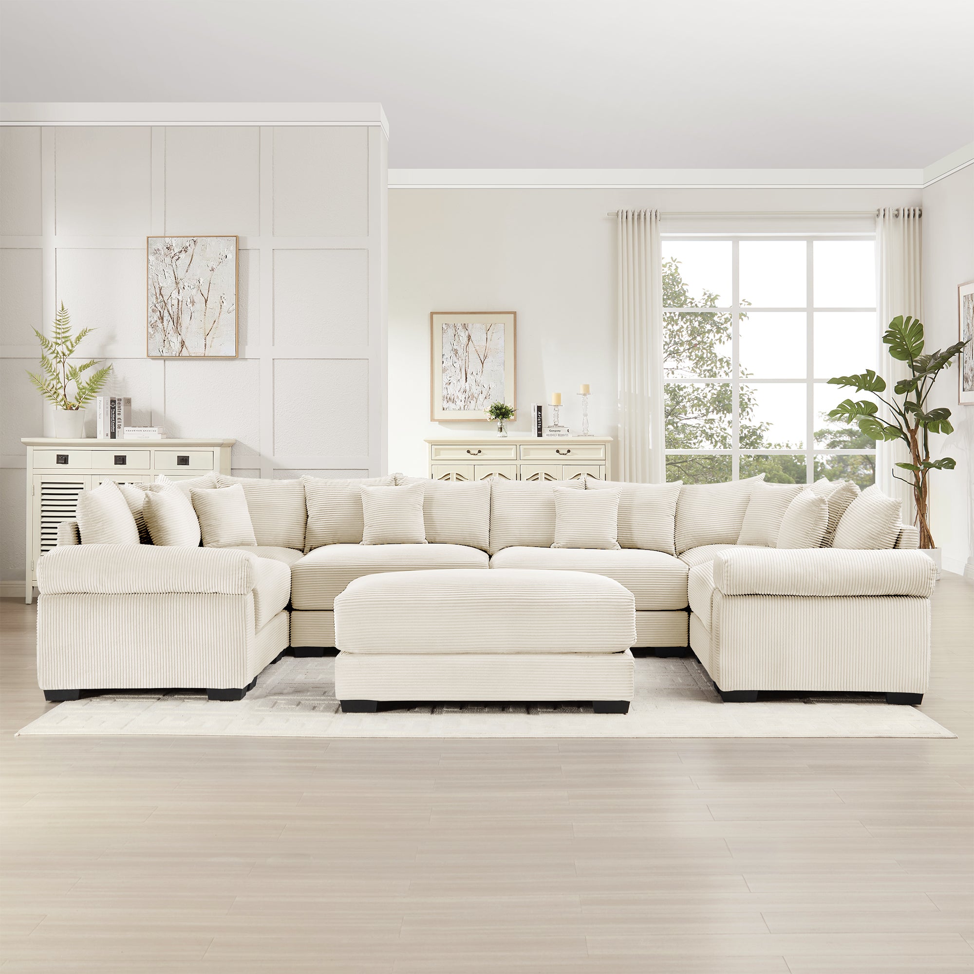 Albany 138" Oversized 7 Pieces Modular Corduroy U-Shaped Sectional Sofa with Ottoman