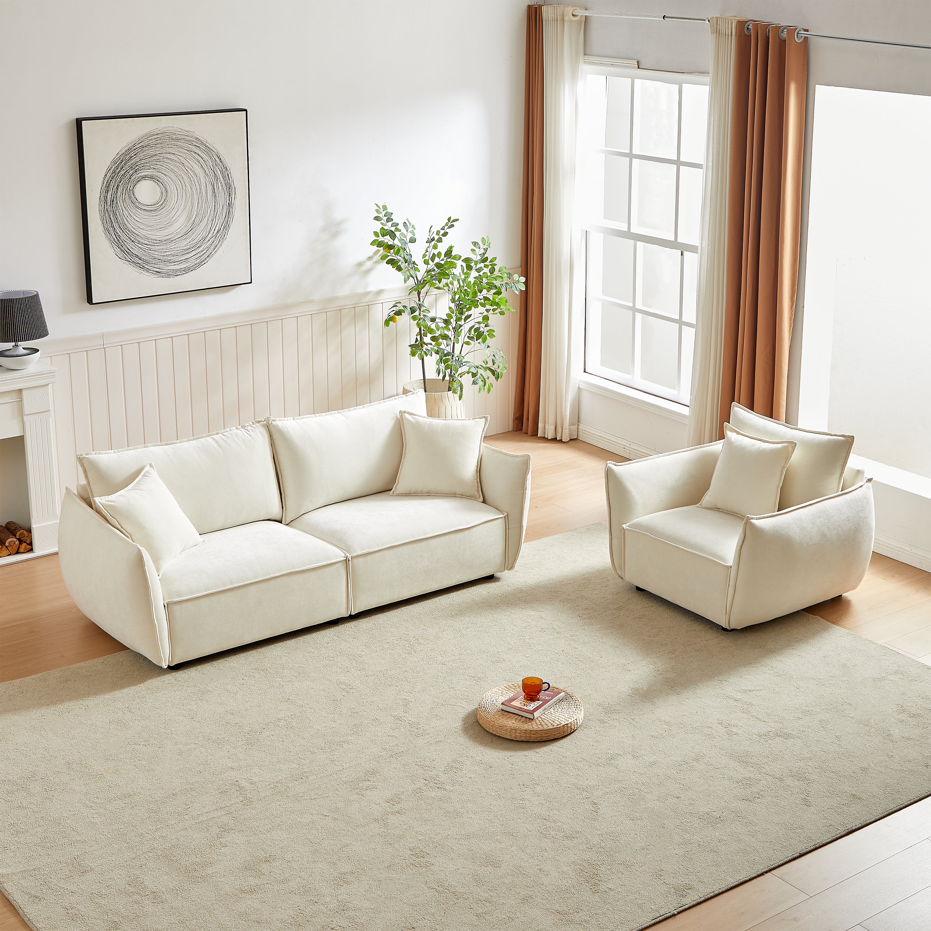 Phoenix 2 Piece Linen Fabric Sofa Set,Loveseat Sofa & Recliner Chair