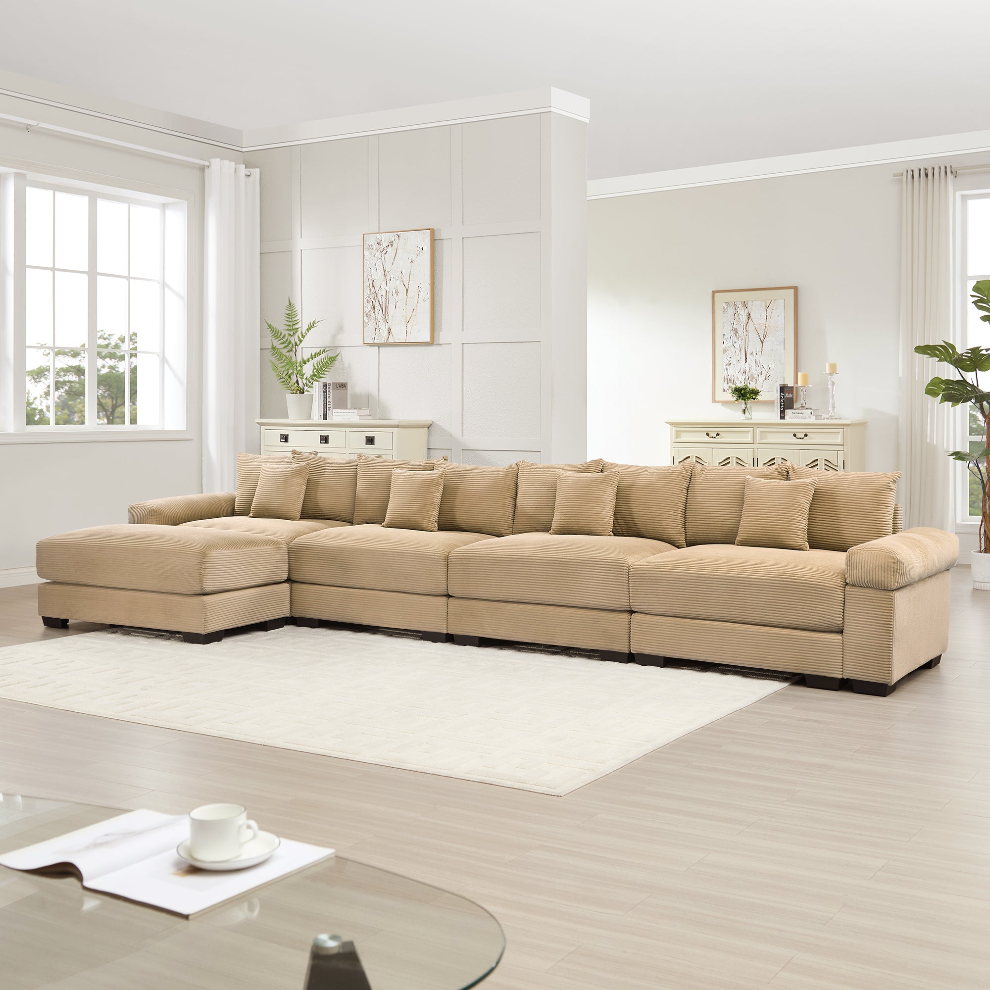 Albany 168" Modular Corduroy Oversized Cloud L-Shaped Sectional Sofa with Ottoman