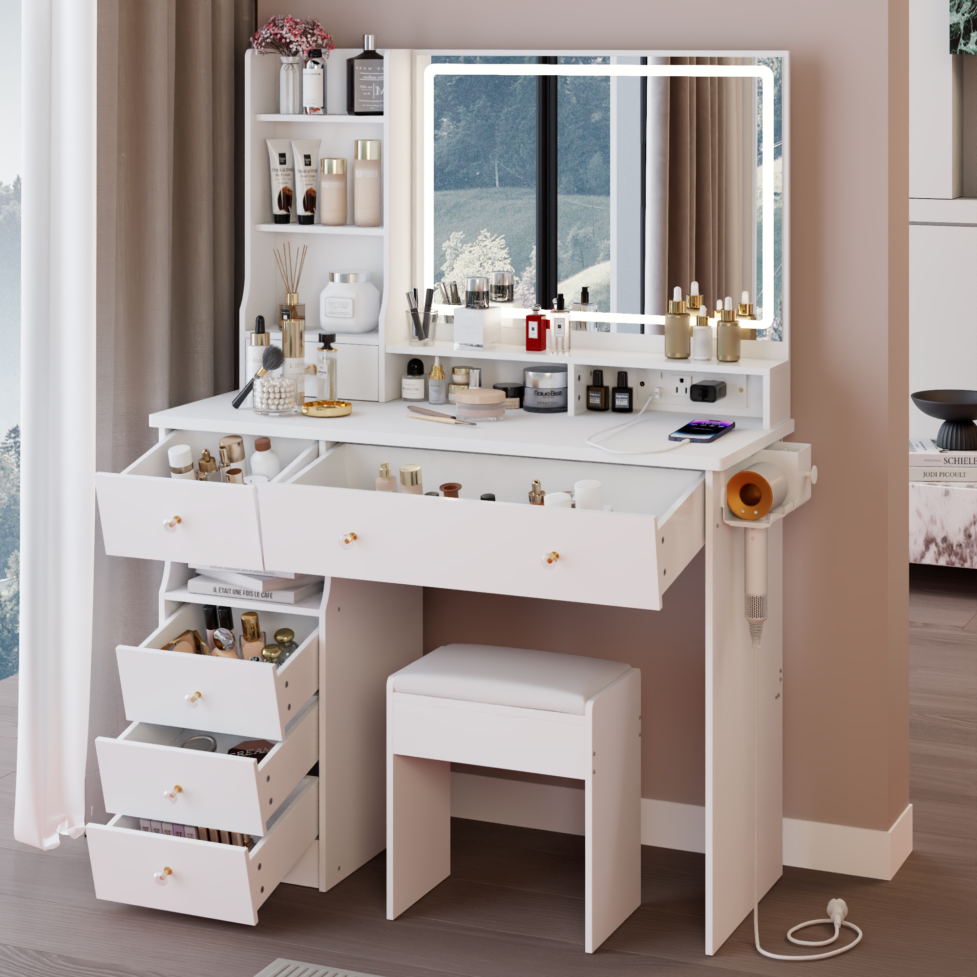 Homy Casa 41" White Vanity Set with LED Mirror, Power Outlets & Cushioned Stool