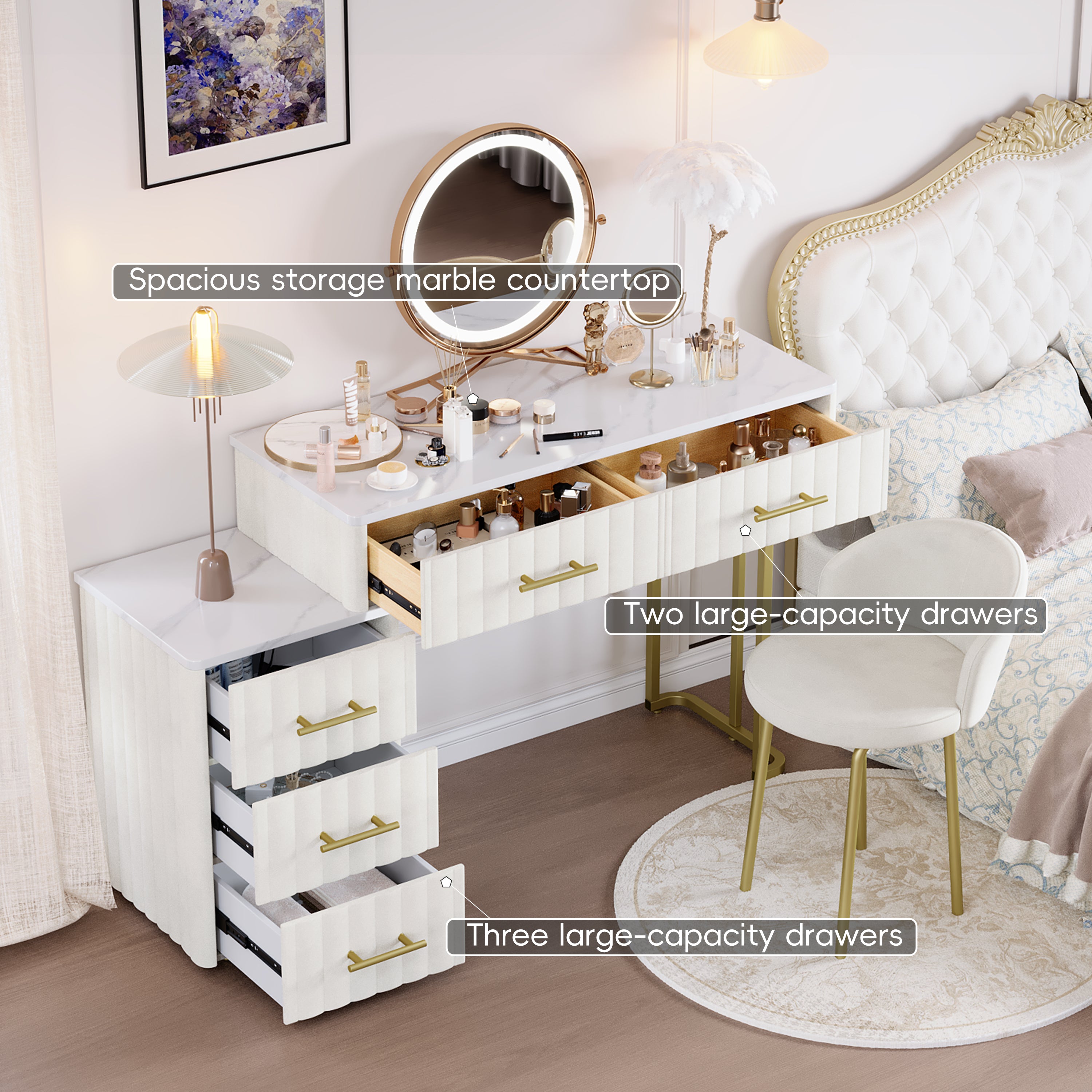 Mori Modern Vanity Desk with Lighted Mirror and Storage Drawers, Beige