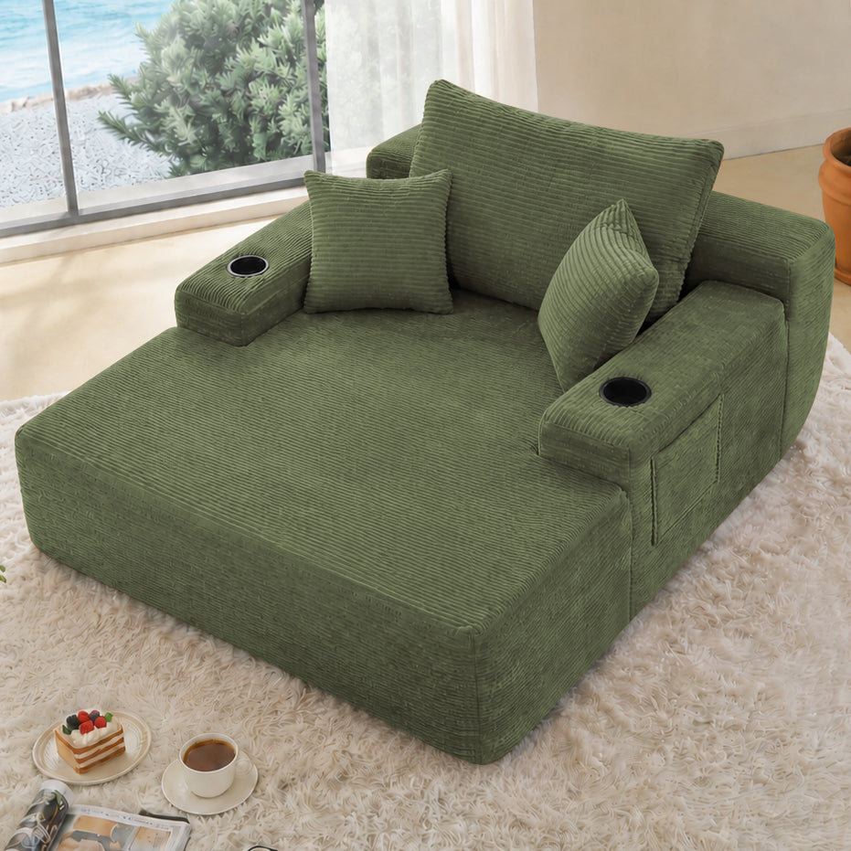 Sunstone Corduroy Chaise Lounge Chair Sofa Bed with Cup Holder and SIde Pockets