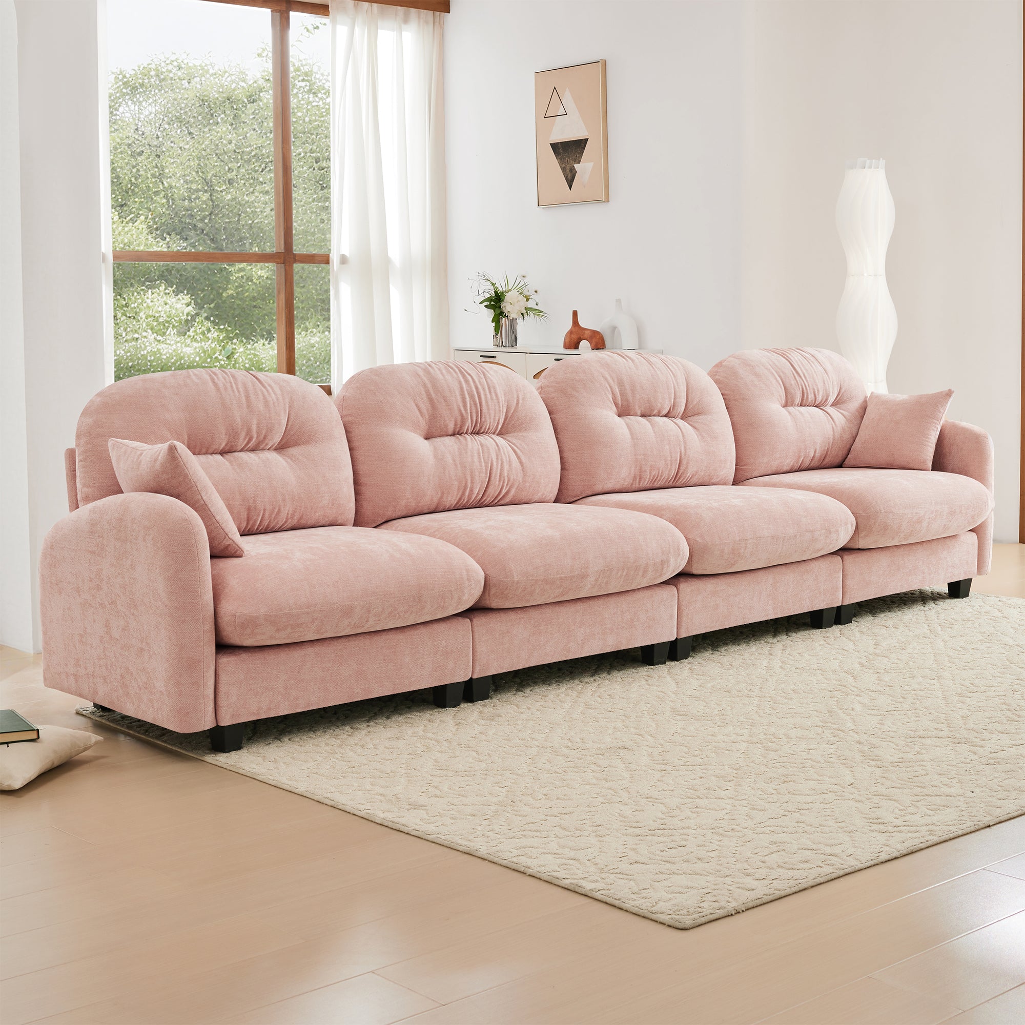 Roselyn 140" Modular Chenille Cloud 4-Seater Sofa with Tufted Cushion Backrest and  Pillows