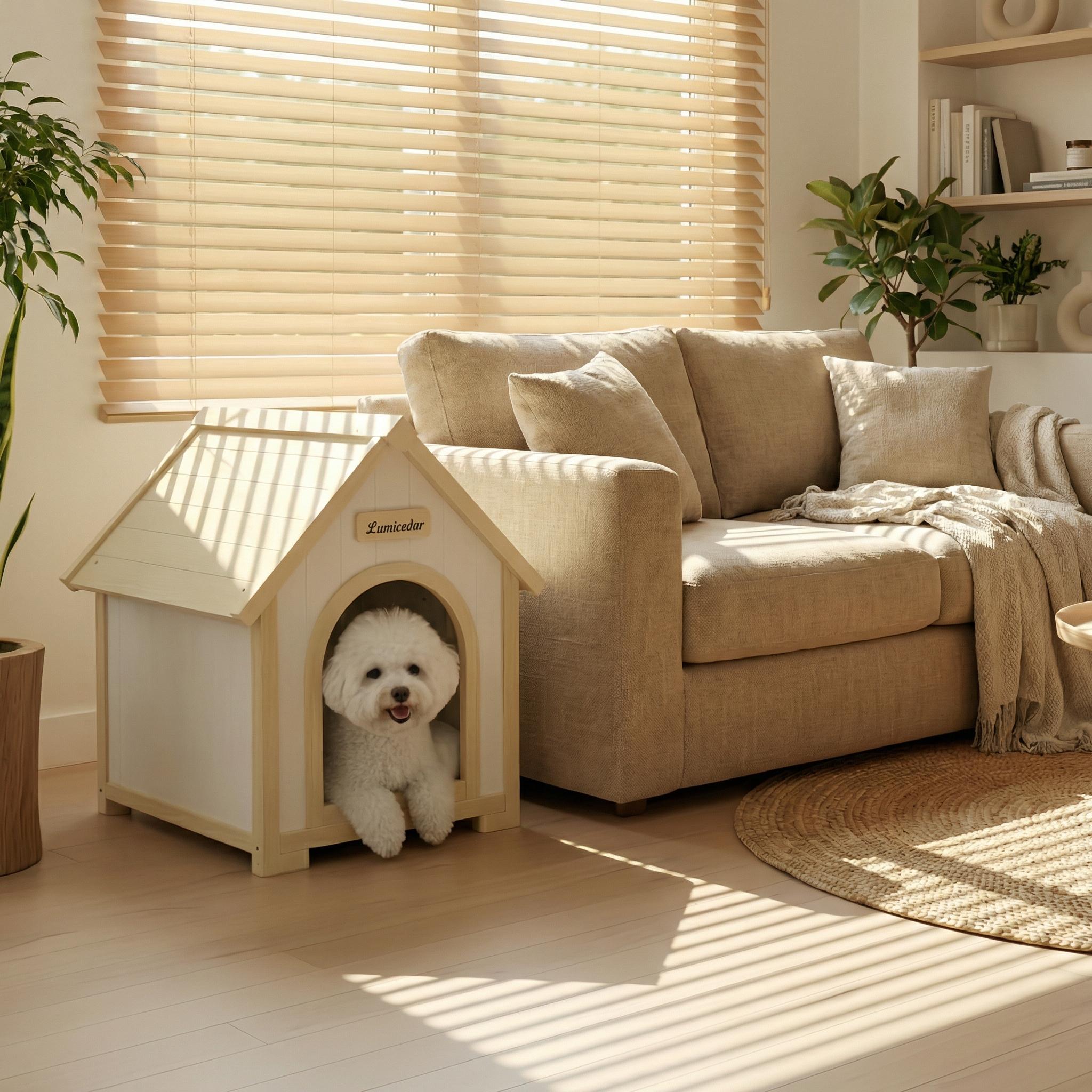 Homy Casa FSC Solid Cedar Pet House, 23.6" x 21.7" x 27.6", Indoor Cabin Shelter for Small Dogs & Cats, Cream Yellow