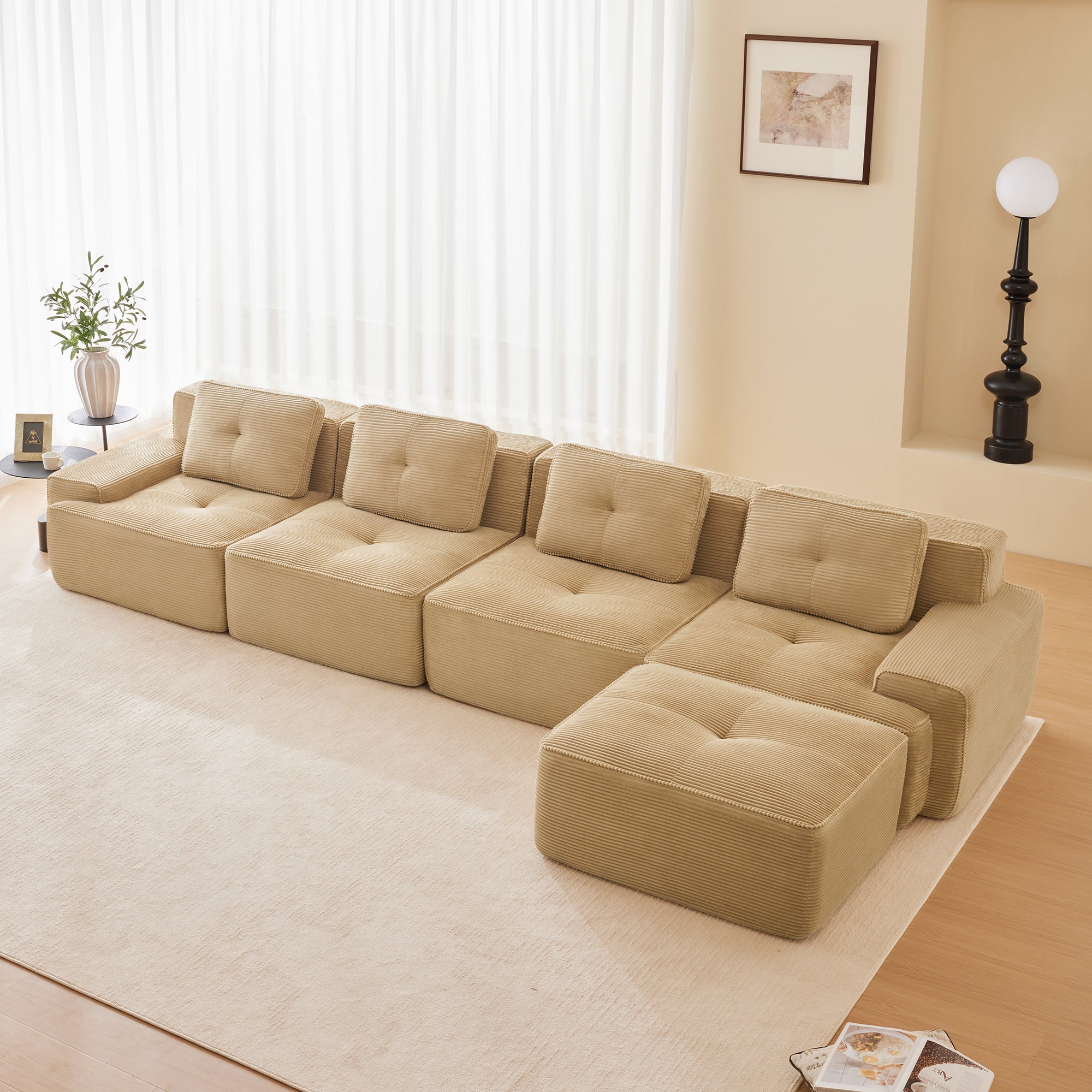 Racine 153" Modular Corduroy Fabric L-Shaped Sectional Sofa with Deep Seat and Movable Ottoman