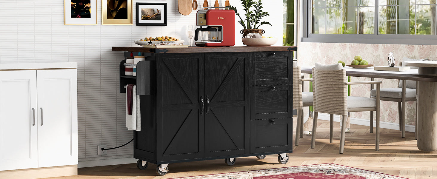 54.5" Farmhouse Kitchen Island with Power Outlet, Kitchen Storage Island  with Internal Storage Rack, Drop Leaf, Spice Rack, Rolling Kitchen Cart on Wheels, for Home, Kitchen and Dining Room,Black