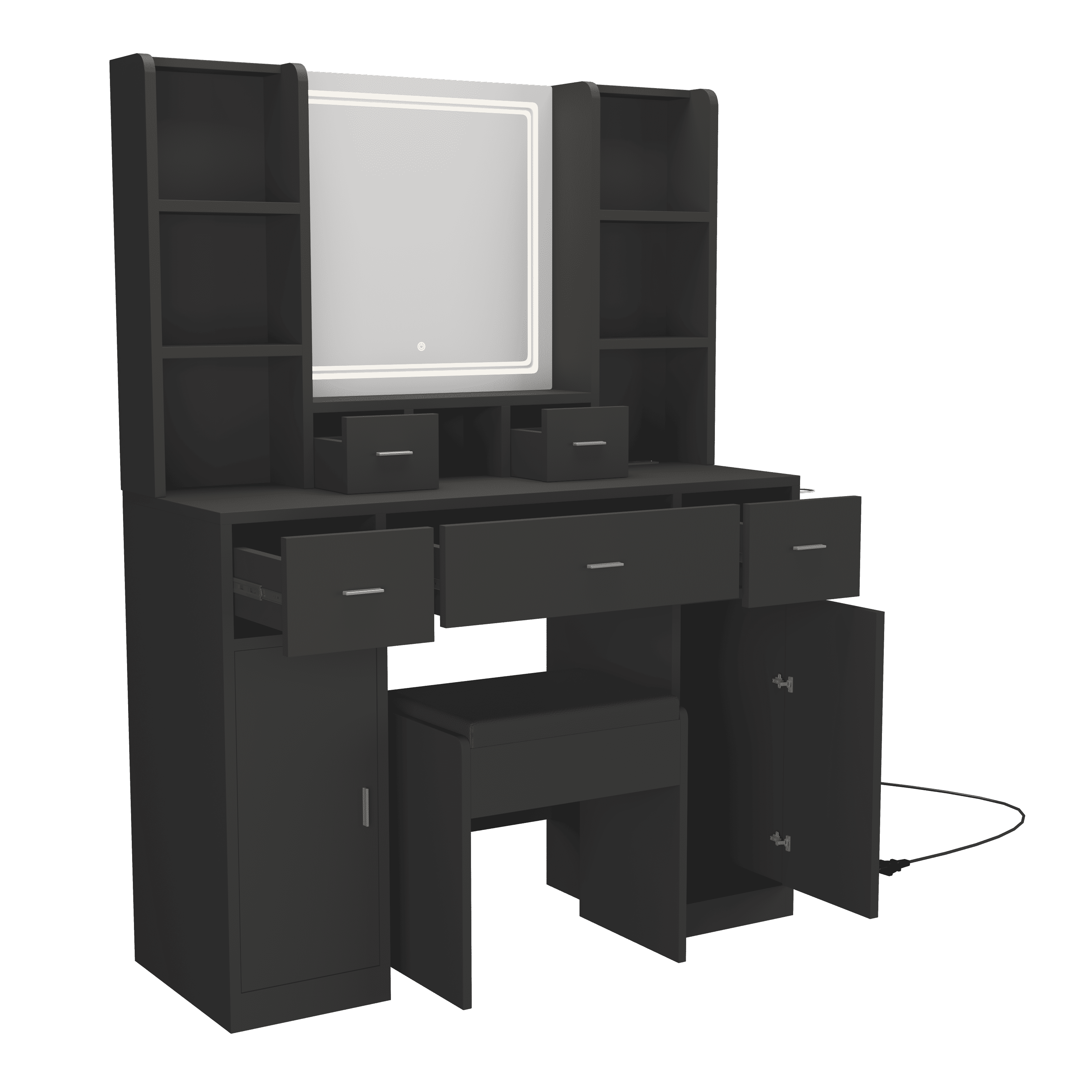The Black dressing table with LED mirror is equipped with a hair dryer rack, and the dressing tables in the bedroom and dressing room are equipped with dressing stools