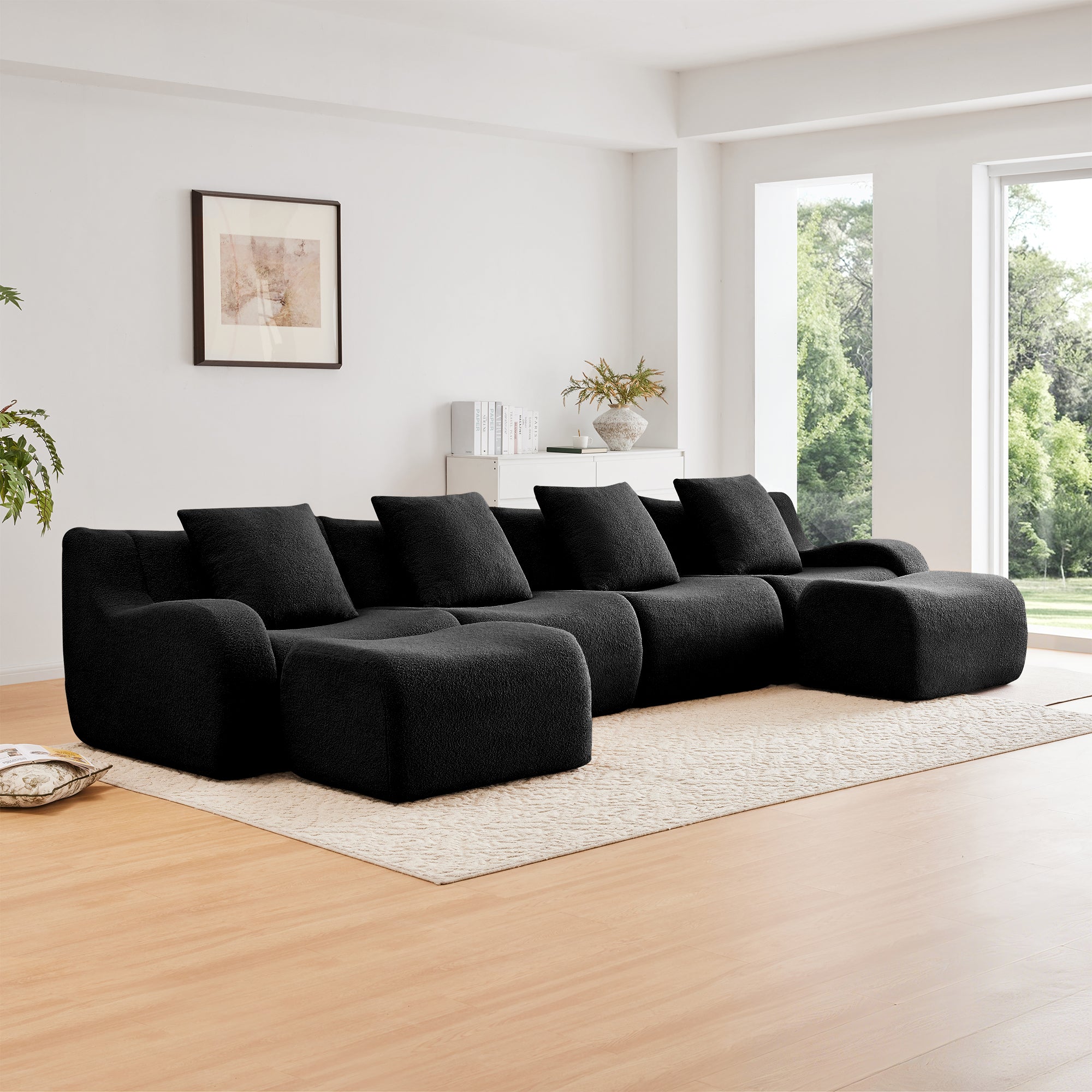 Chico 148" Modular Teddy Fabric U-Shaped Sectional Sofa with Curved Armrests and Movable Ottomans