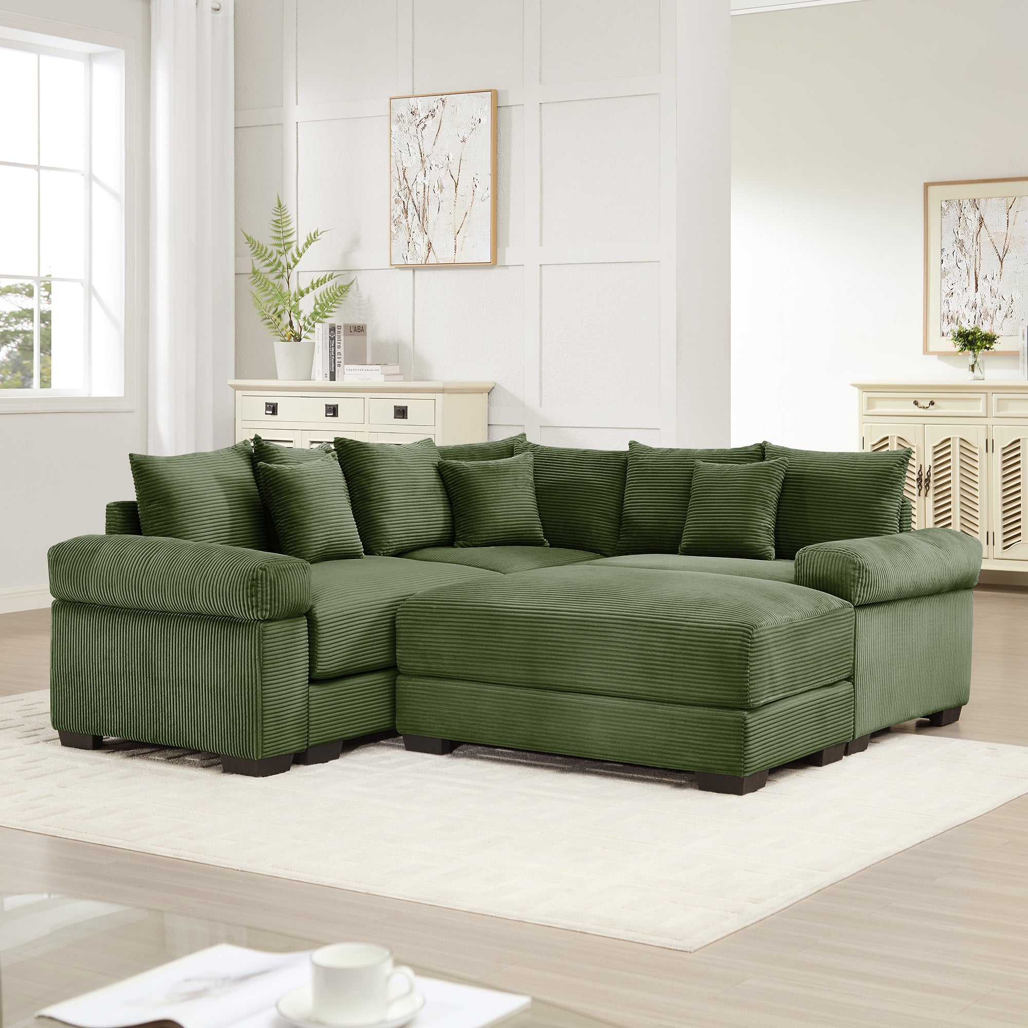 Albany 79" 4 Pieces Corduroy Modular Corner Sectional Sofa with Ottoman
