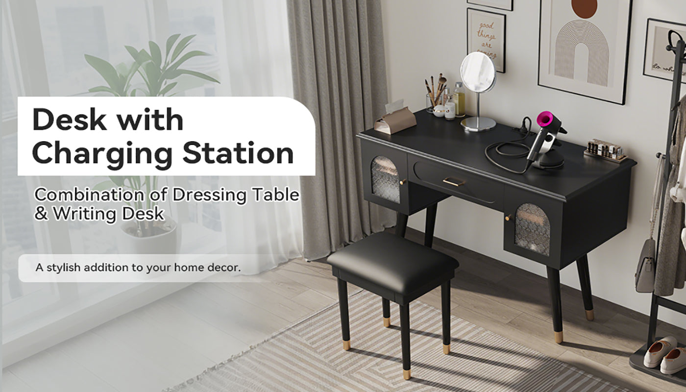 Elegant Vanity Makeup Table & Chair Set, Modern Dressing Table with Organizer, Writing Desk, Charging Port, Black