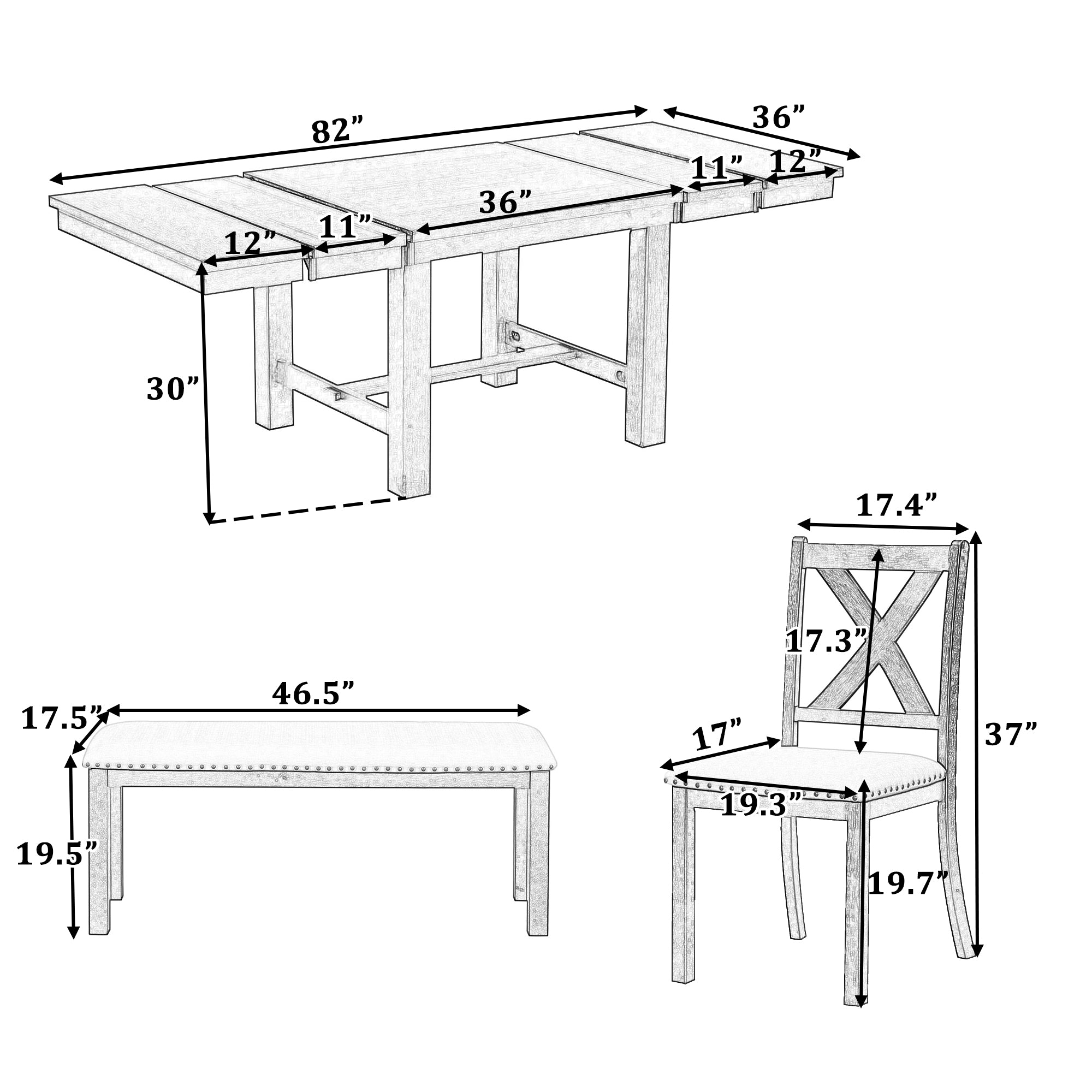 BUNKER 82" Farmhouse Extendable 6 Piece Dining Table Set with Bench and Chairs