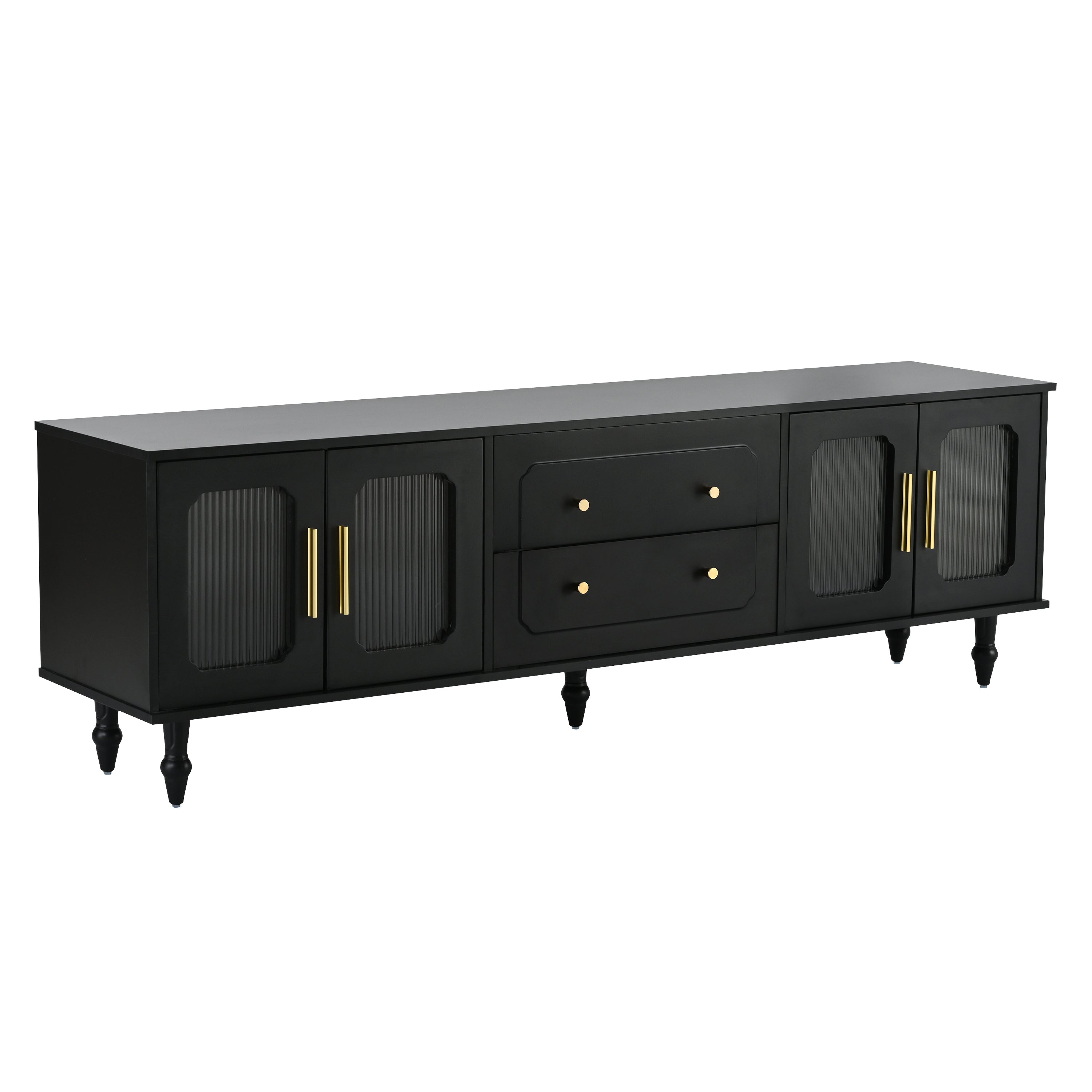 Retro Design TV Stand with Fluted Glass Doors for TVs Up to 78'', Practical Media Console with 2 Drawers and Cabinets, Elegant Entertainment Center for Living Room, Black