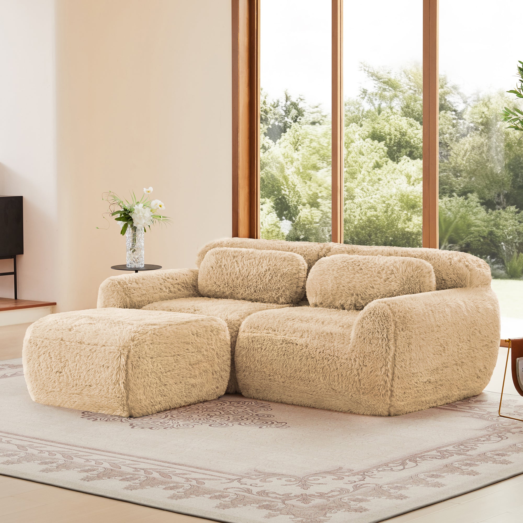 Durham Plush L-Shaped Sofa with Chaise and High-Density Sponge Light Khaki