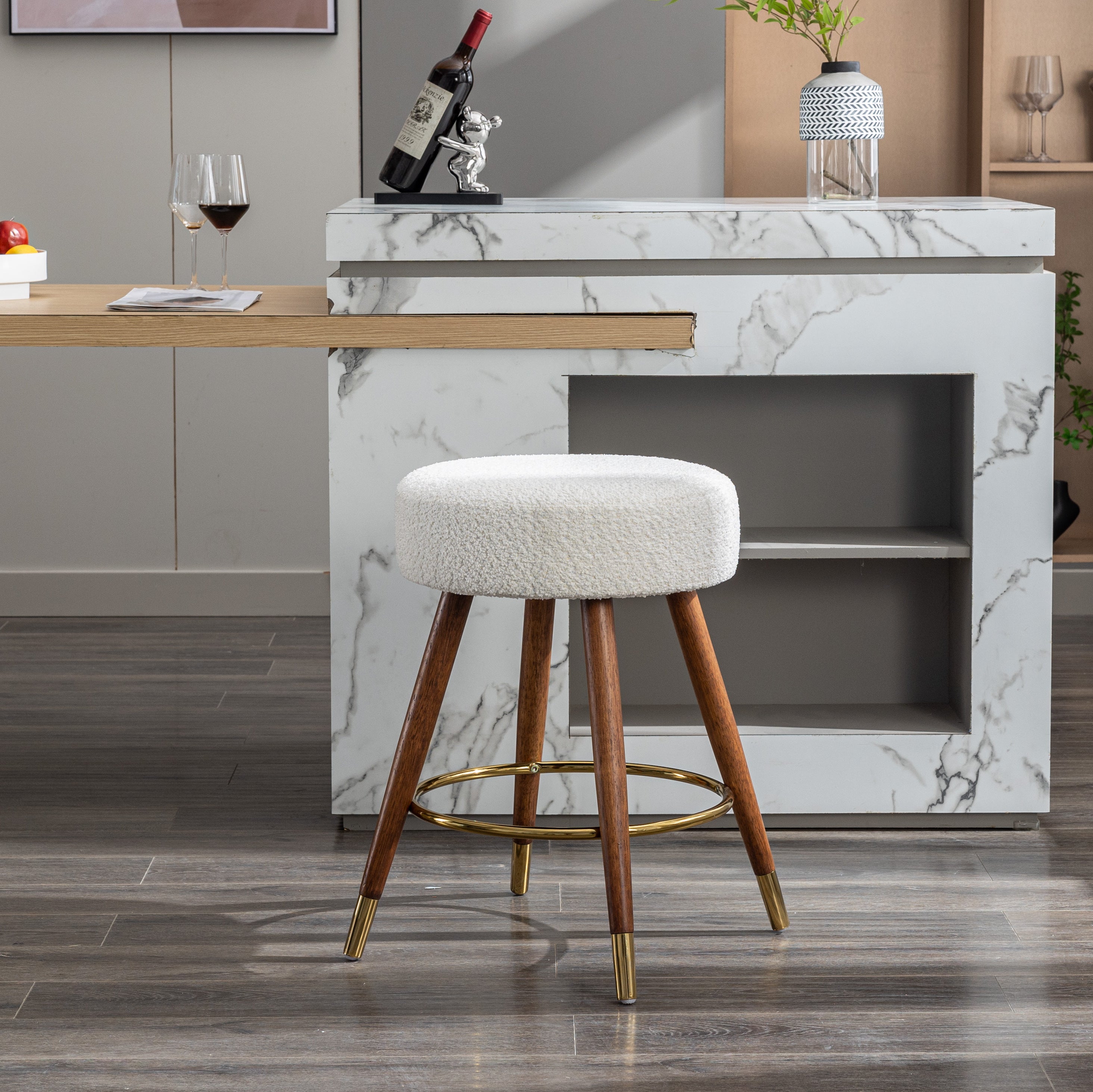 Ribera Boucle Upholstered Backless Swivel Counter Stool with Gold Accents