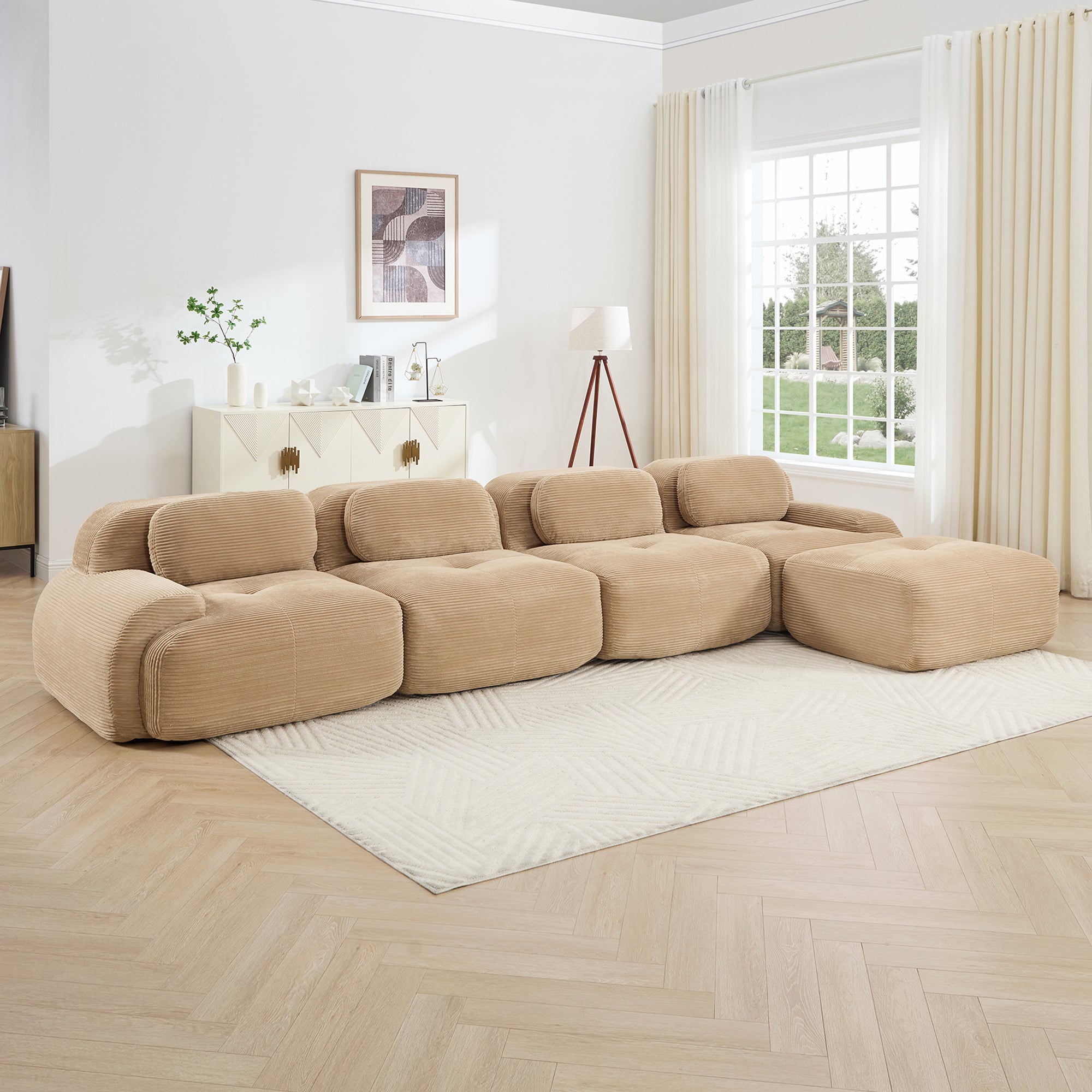 Anchorage 152" Modular Corduroy Cloud L-Shaped Sectional Sofa with Ottoman