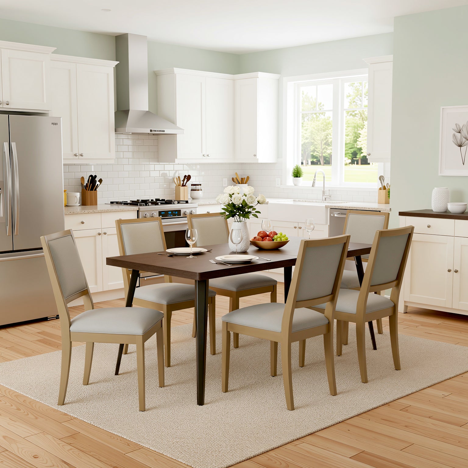 Homy Casa Stan 7PC Dining Set 63” Brown Table with 6 Siget Upholstered Solid Wood Chairs