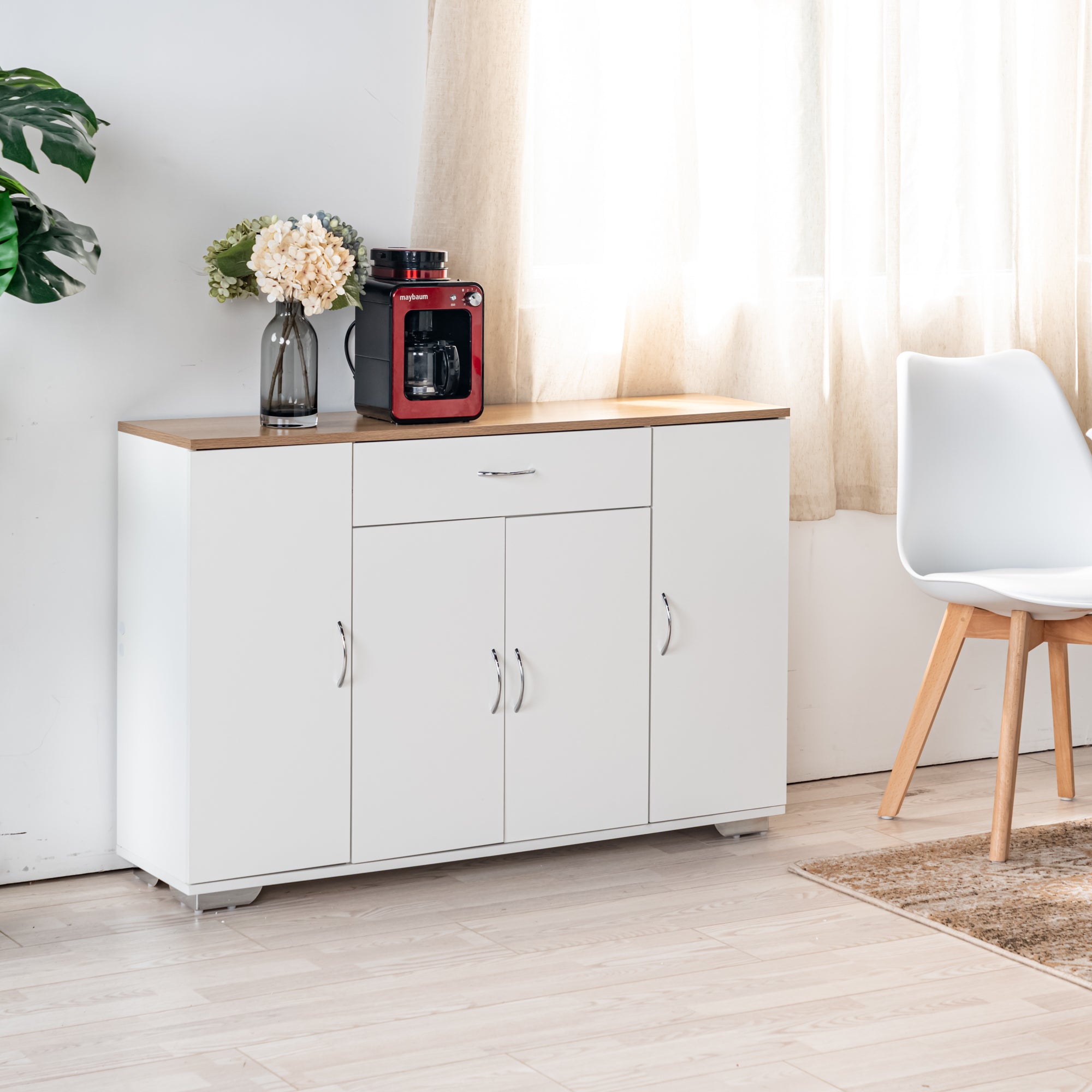 BAFFI White Sideboard Buffet Cabinet with Drawer and 4 Doors, Oak Look Top, Living Room Dining Storage