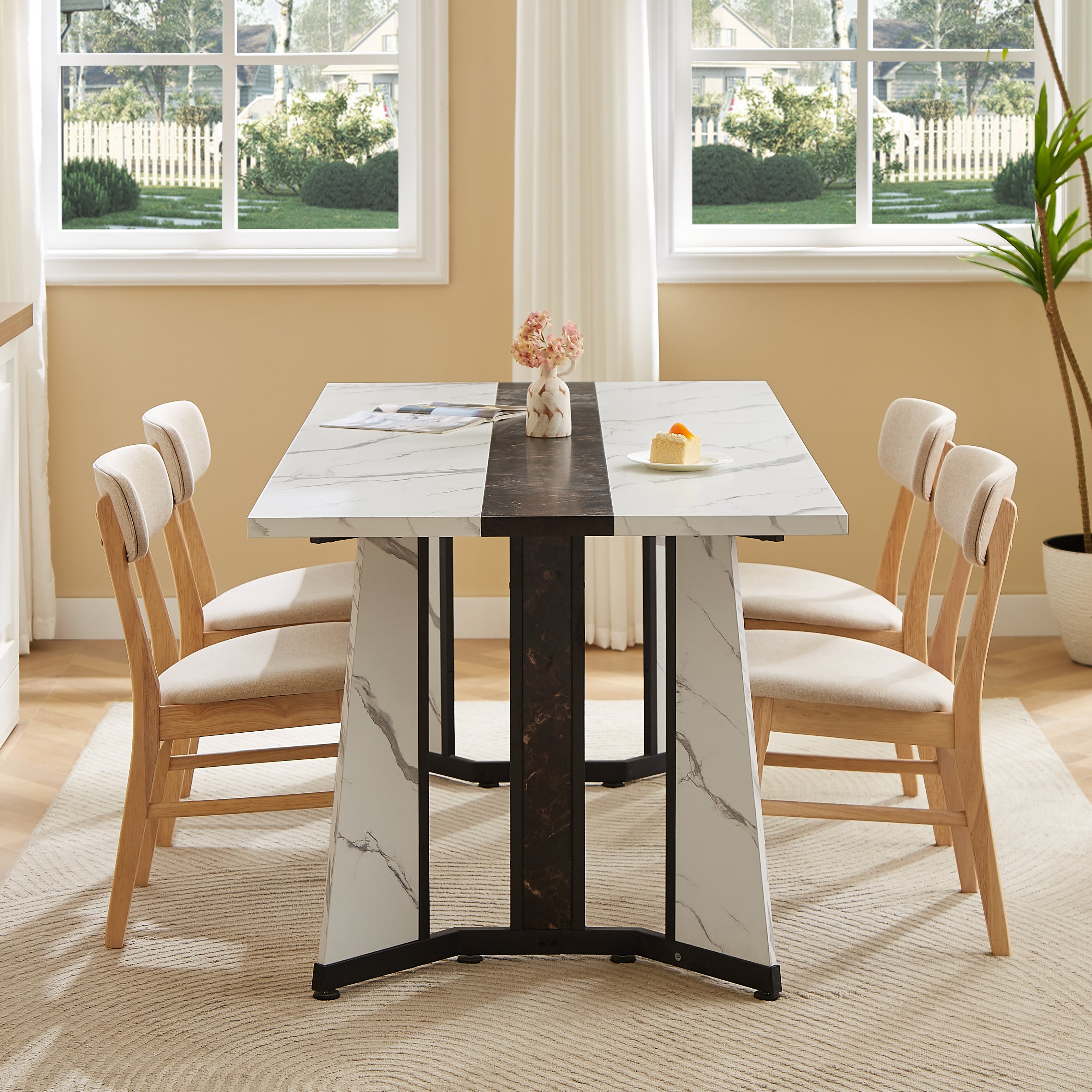 Arden 70.9" Modern White Marble Dining Table for 8 People with Adjustable Legs
