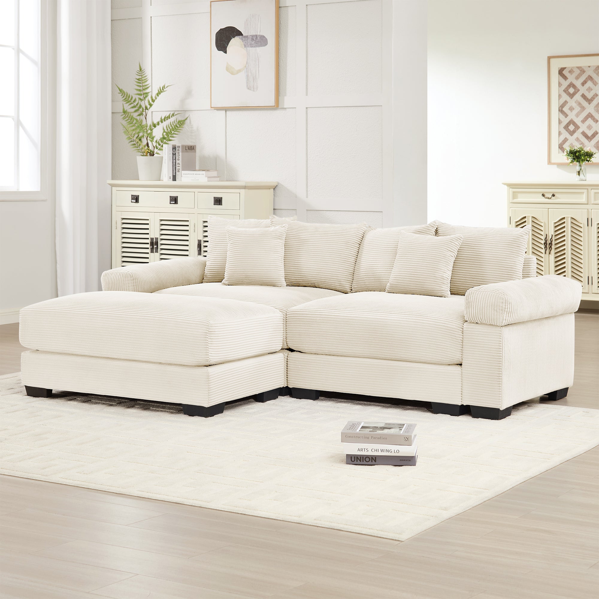 Albany 92" Modular Corduroy Cloud L-Shaped Sectional Sofa with Ottoman