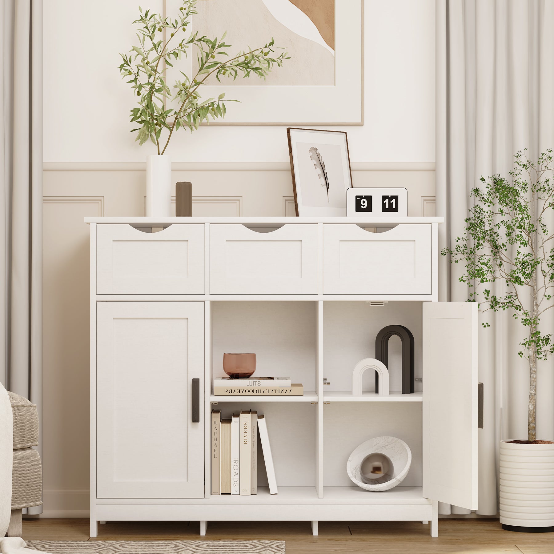 Ardeny Modern Wood Storage Cabinet with Drawers and Shelves White
