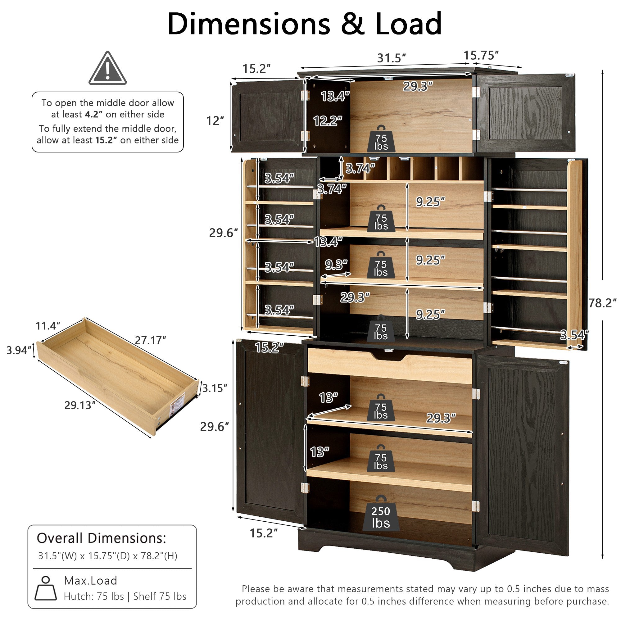 Bristol 78.2" Farmhouse Ash-Black Kitchen Pantry Cabinet with Adjustable Shelves