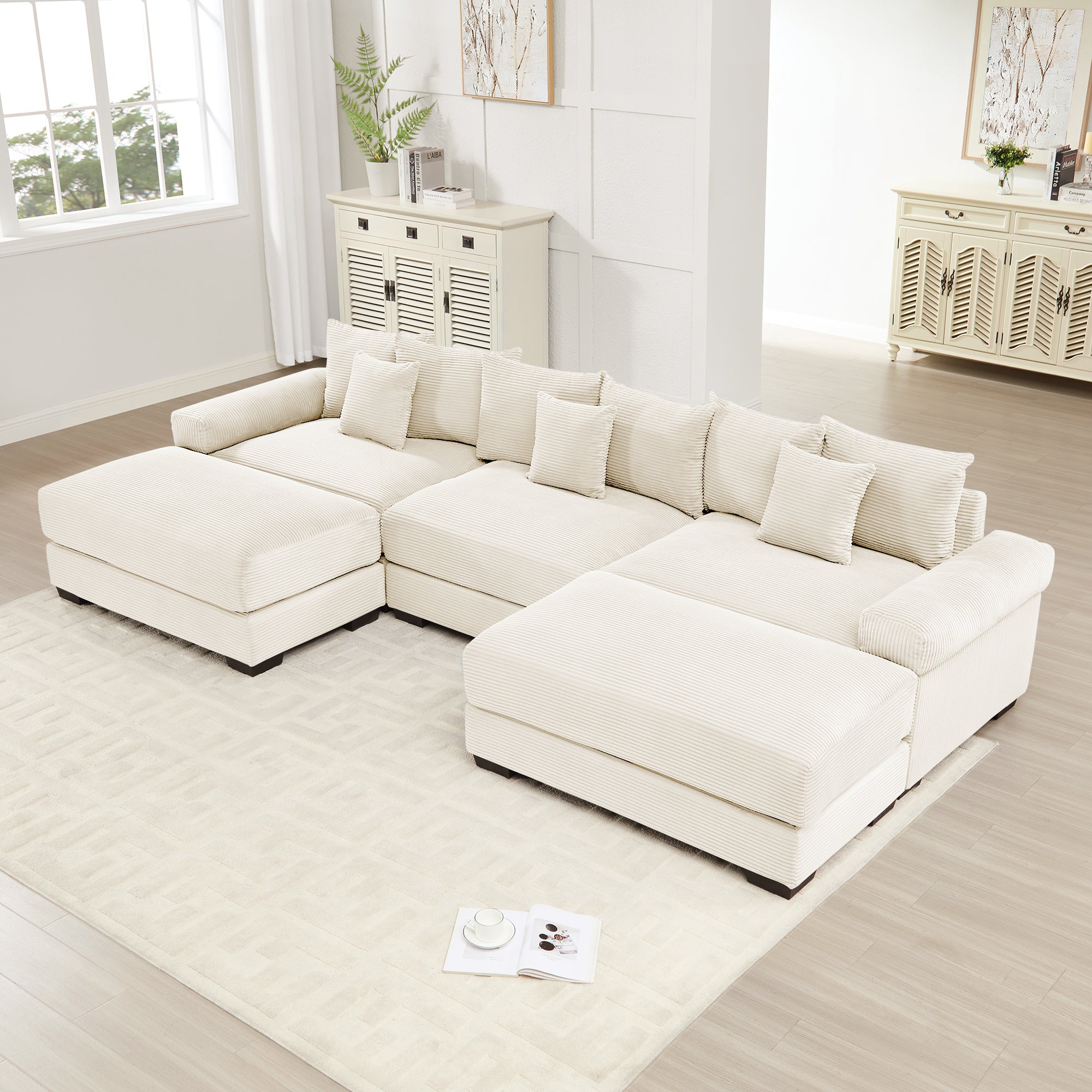 Albany 130" Modular Corduroy Cloud U-Shaped Sectional Sofa with Ottomans