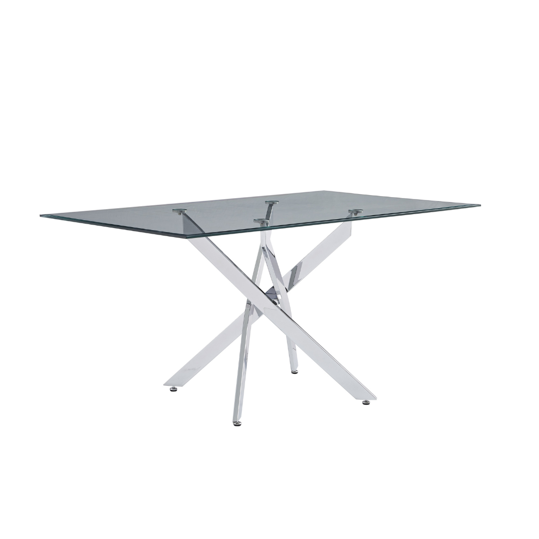 Vela 59" Modern Glass Rectangular Dining Table with Cross Chrome Base